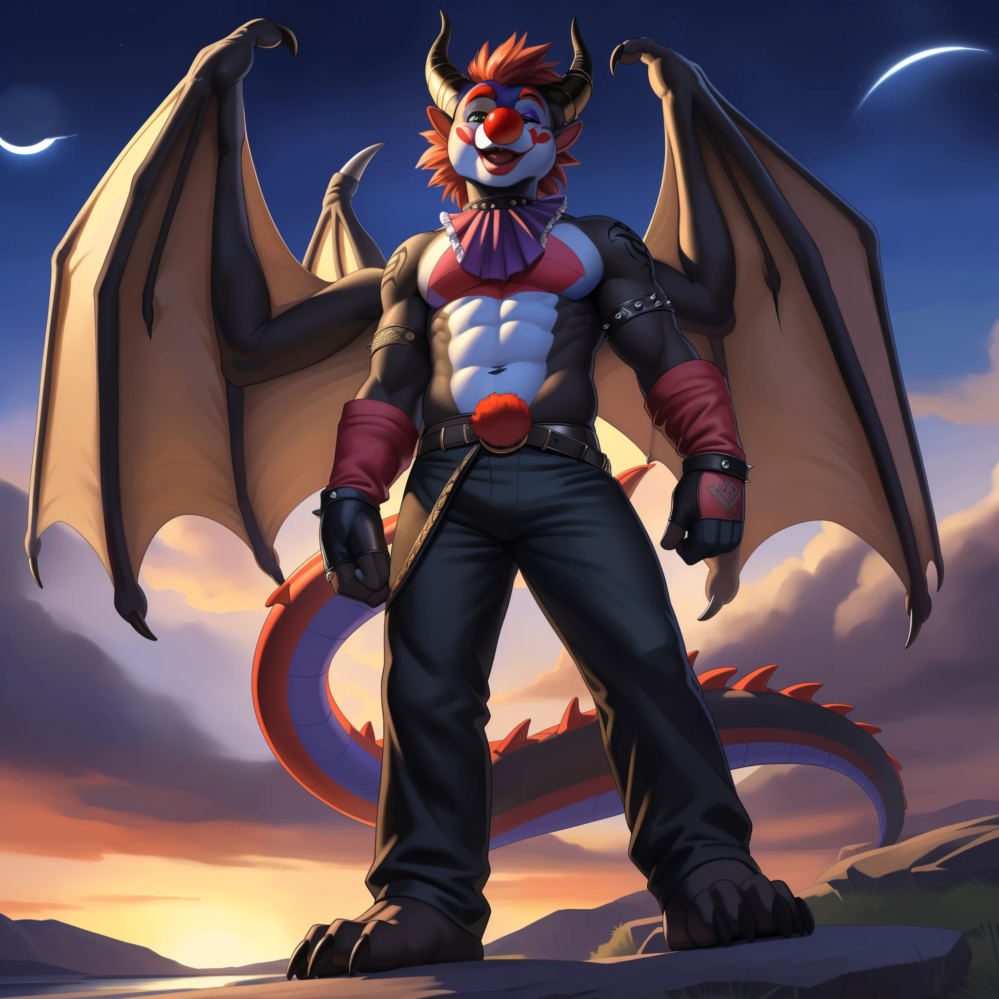 (masterpiece, best quality, high quality, highres:1.4), detailed, extremely detailed, bright lighting, 4K, (by ruaidri), yupa, kiyosan,(by meesh), (by fffffolder)), delga: (slim, athletic, dragon, ((black body)), smooth skin, athletic muscle, anthro legs, ((young)), (dragon feet), (toe claw), black spikes, (detailed eyes), dragon horn, ((dragon tail)), tail attached to waist, 1tail, ((dragon wings)), bare_shoulders, (facewear:(clown_make_up), (clothing, handwear:(vambraces), bottomwear:(pants:black, [[leg armor]]))), beautiful, closed_mouth, ((serious_look, menacing)) tag:1boy)), covered in tattoos, has tattoos, tattoos covering the chest and arms, tattoo sleeves on both arms, night sky, ((clown make up)), dressed like a clown