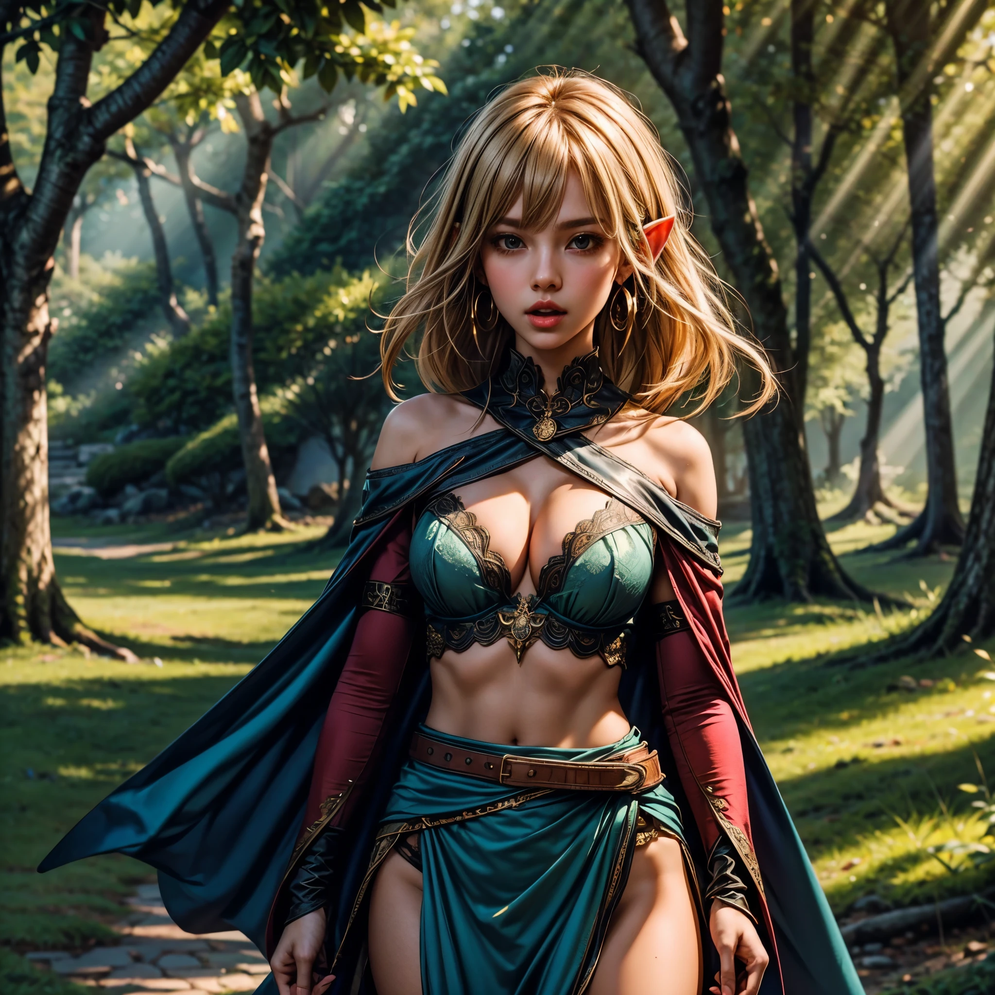 ANI_CLASSIC_deedlit_ownwaifu www.ownwaifu.com,(extremely detailed fine touch:1.2) Elf (natural light, sun light, light rays, dappled light, ray tracing:1.2), mature female , masterpiece, ultra best quality, ultra highly quality , elf pointy ears, blonde hair, long hair, circlet, green eyes, long pointy ears, very long hair, breasts, medium breasts, earrings, lips, makeup, bangs, cape, armor, blue cape, shoulder armor, pauldrons, gloves, breastplate, belt, green dress, short dress, looking at viewer, blush, open mouth, standing, (Masterpiece, extremely detailed CG, sharp line),deedlit, offcial art, Colorful, Beautiful Japanese anime style,Extremely detailed eyes and face,Sharp pupils,realistic pupil,In the woods、cabellos largos dorados,Black lace panties,Slender thighs, varies multi etc. --v 6 --s 1000 --c 20 --q 20 --chaos 100