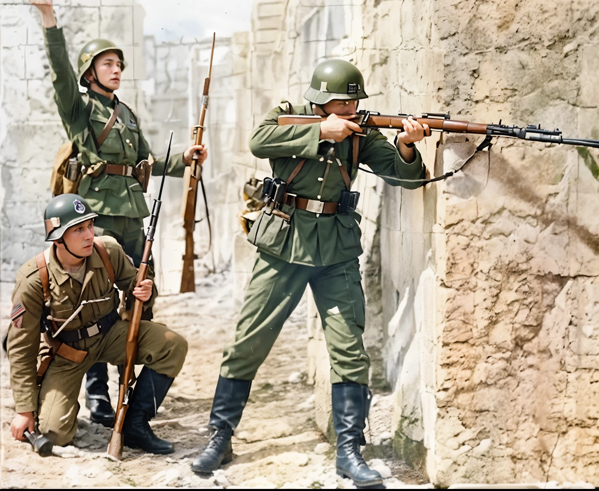 soldiers in uniforms are posing for a picture in a photo, german and soviet soldiers, ww2 historical photo, ww2 photo, ww 2 historical photography, ww2 historical photography, fighting in world war 2, war photo, soldiers charging the enemy, stormtrooper fighting in ww2, ww 2, ww2, soldiers charging in, world war ii military style, eastern front