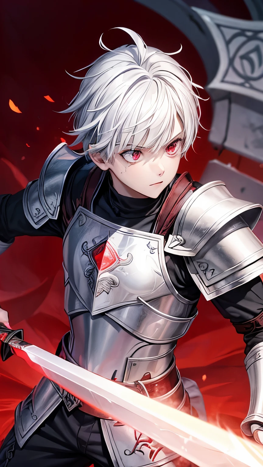  boy with white hair and red eyes holding daggers wearing light silver armor with some runes carved into the armor