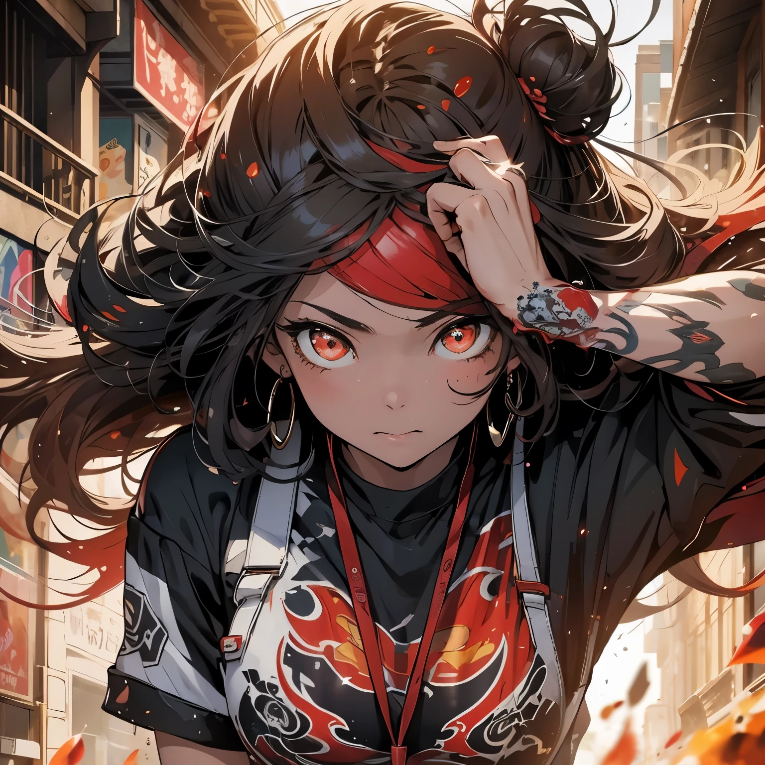 ((best quality)), ((masterpiece)), (detailed), ((perfect face)), an alcohol ink, painting of a long hair female, red glowing eyes, wearing splashes street apparel and distorted white sneakers, flowing in air, fiercely walking towards camera, looking at the viewer, spectacular splashes explosion, detailed and clarity, made of lava, engulf in swirling flame, dark illuminated background, dynamic shoe view,