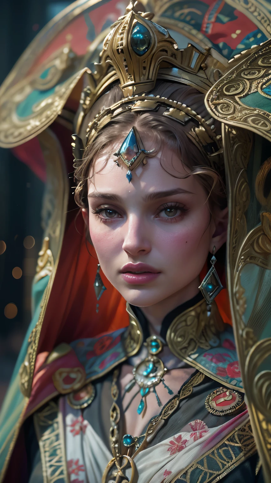 Queen Amidala, Star Wars, Lucasfilm, Natalie Portman, Photorealism

(best quality,4k,8k,highres,masterpiece:1.2),ultra-detailed,(realistic,photorealistic,photo-realistic:1.37),illustration,portrait,science fiction,fantasy,royalty,Natalie Portman as Queen Amidala,ornate costumes,elaborate makeup,extravagant headpieces,detailed facial features,beautiful detailed eyes,beautiful detailed lips,elaborate hairstyles,colorful and intricate clothing,galactic political leader,queen of Naboo,peaceful and diplomatic demeanor,regal postures and gestures,majestic atmosphere,advanced futuristic technology,futuristic cityscape,ornate interiors with rich textures and patterns,bright and vibrant colors,shadows and highlights giving depth and dimension,soft and diffused lighting,glowing and shimmering special effects,impressive visual effects,lifelike textures and materials,realistic skin and hair,meticulous attention to detail,high-definition resolution,HDR color grading,masterful rendering of Queen Amidala's iconic appearance,ethereal and otherworldly ambiance,spectacular visual spectacle