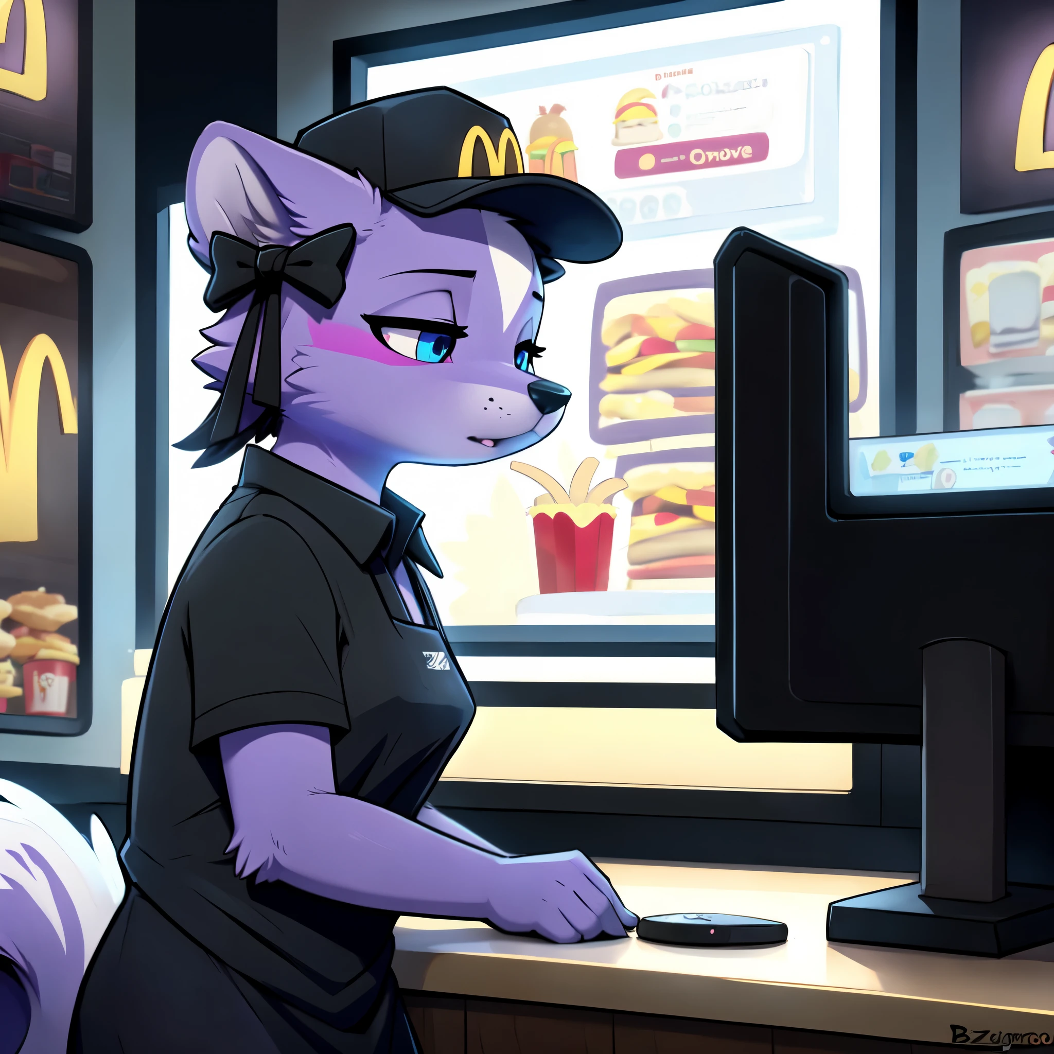 By black-kitten, by trigaroo, by azoomer, by braeburned, flat colors, cell shading, Shikabane, purple anthro skunk girl, blue eyes, white sclera, a single purple skunk tail, wearing black shirt, grey apron, a McDonald’s hat, a drive thru headset, headset with a microphone on it, close up, portrait, in a McDonald’s drive thru kitchen, looking down at a computer screen, looking confused, furrowed eyebrows, side view, mouth open,