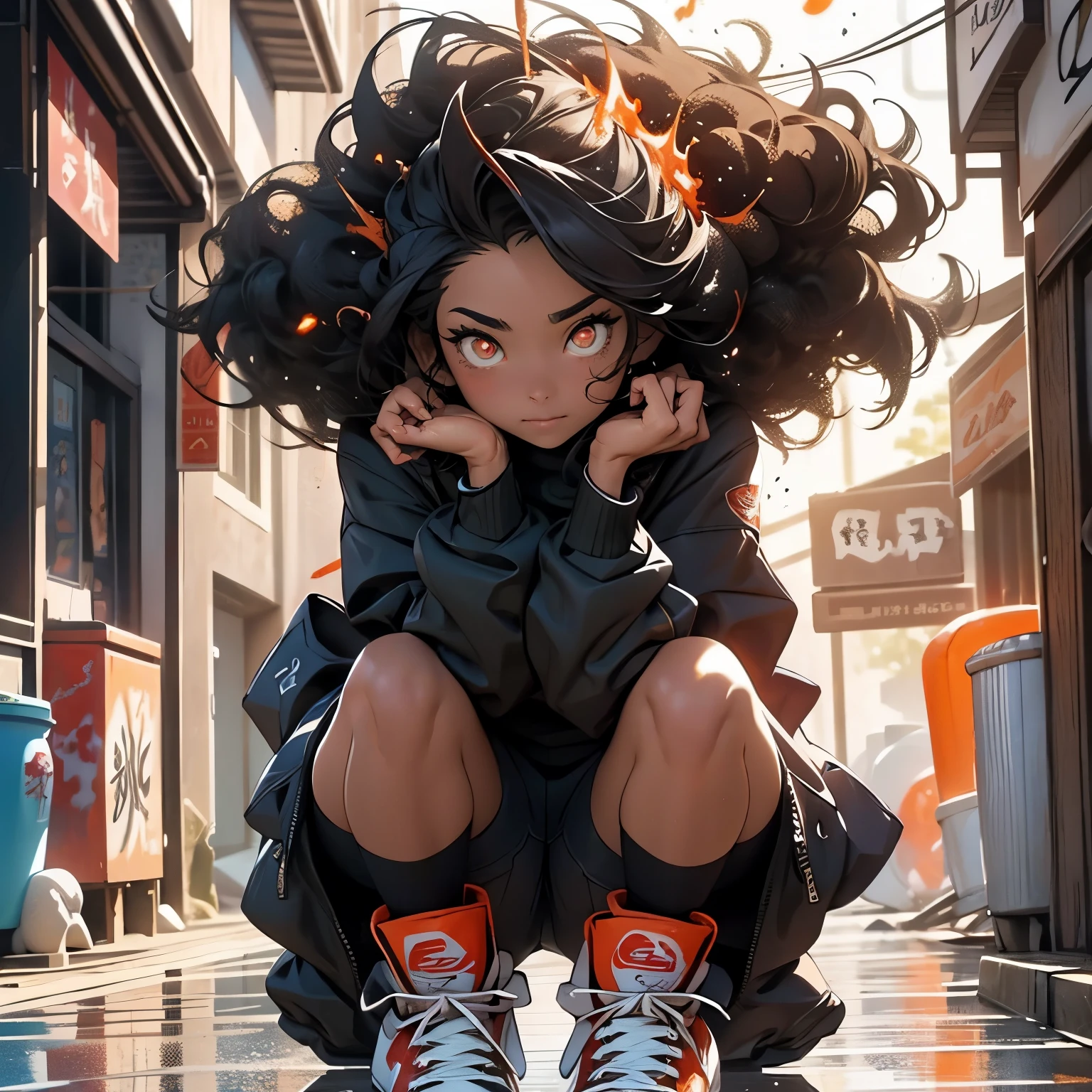 ((best quality)), ((masterpiece)), (detailed), ((perfect face)), an alcohol ink, painting of a long hair female, red glowing eyes, wearing splashes street apparel and distorted white sneakers, flowing in air, fiercely walking towards camera, looking at the viewer, spectacular splashes explosion, detailed and clarity, made of lava, engulf in swirling flame, dark illuminated background, dynamic shoe view,