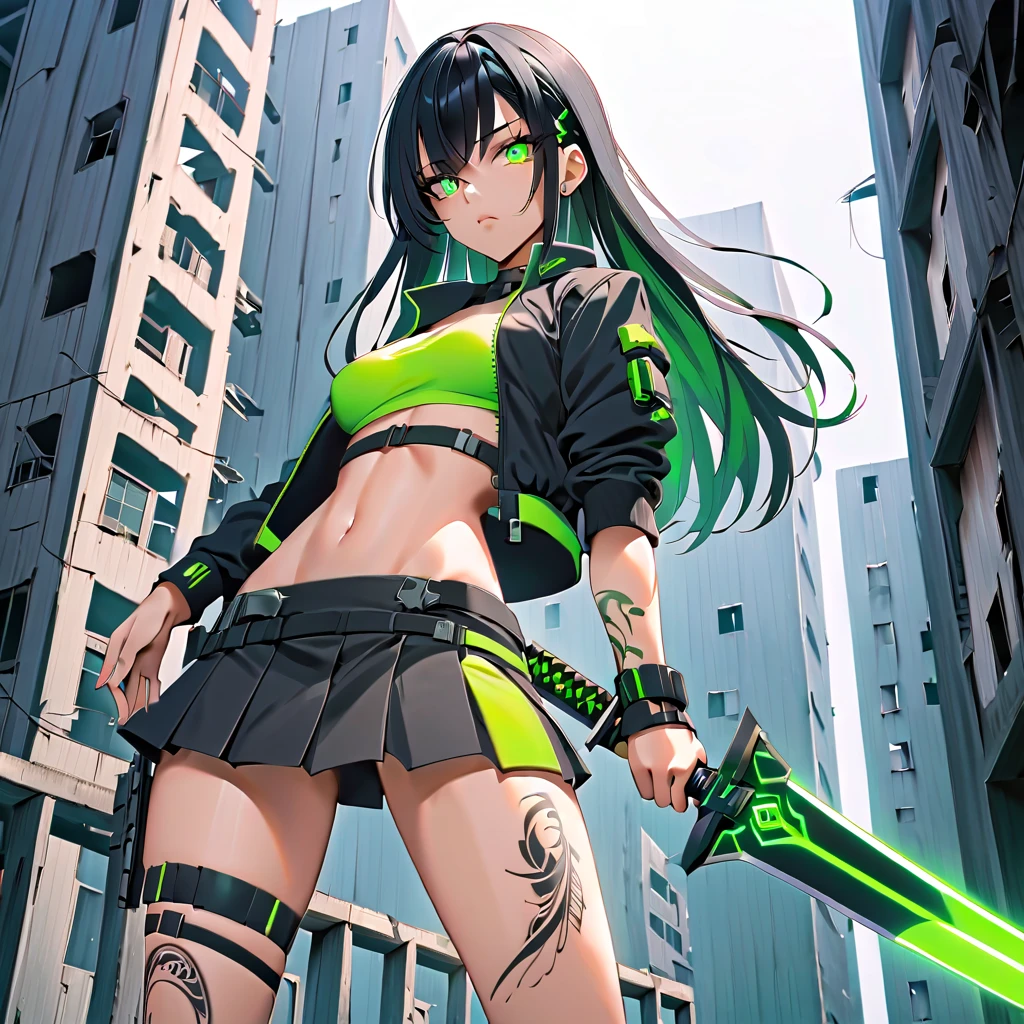 1 girl, solo, long_hair, bangs_between_the_eyes black_hair_with_strands_green, bi_color_ green_neon eyes, sexy_face, sword_in_hand, Playing_sword_with_your_hands, cyberpunk_clothes, short_jacket, navel appears, short_skirt, scarred_legs, left_arm_band, tattoo_above_navel_background_of_on top of an abandoned building, manga_style_image .