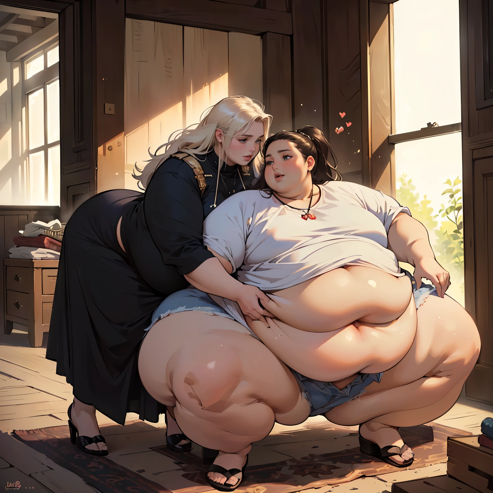 (masterpiece, bestquality, highres:1.5), hyper realistic, (2girls:1.4), Kiera Knightley, (USSBBW:1.4), (morbidly obese:1.4), (double belly:1.2), (detailed, beautiful face:1.2), Bella Poarch, (:1.2), (thin:1.2), feeding, looking at each other