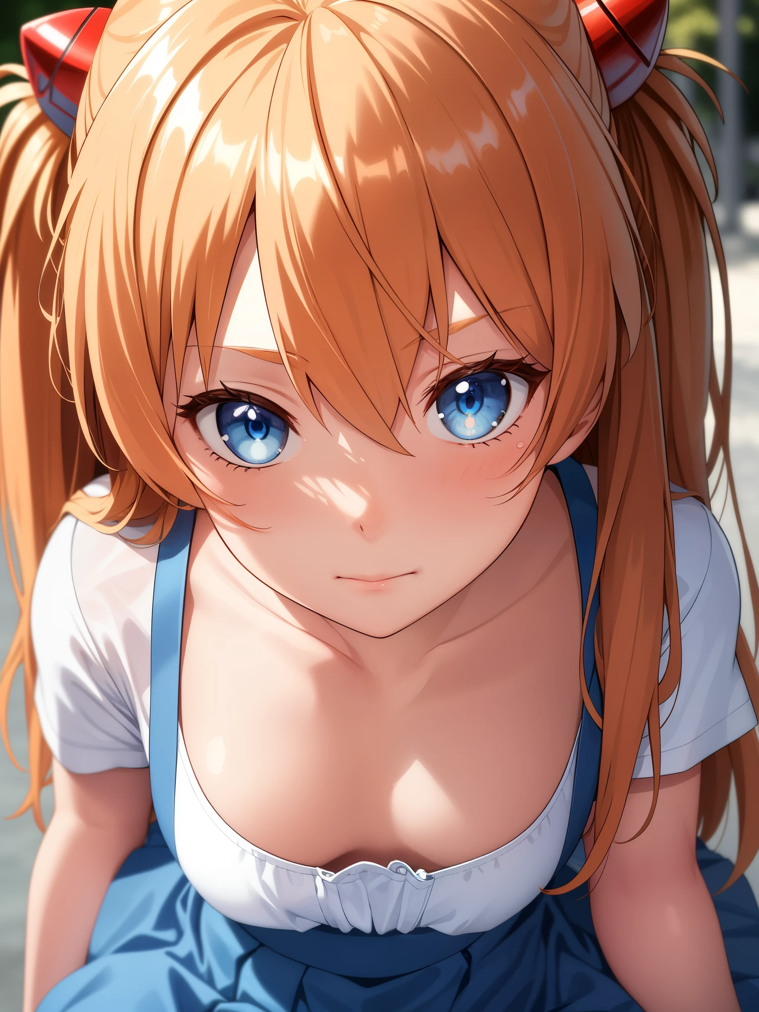(masterpiece, highest quality:1.2), (Tsurime:1.2),
(face focus, close up of face, close up of face:1.2), Tsurime, 1 girl, Soryu Asuka Langley, alone、big breasts, blue eyes, school uniform, looking at the viewer, long hair, think back, Tokyo-3 middle school , orange hair, white shirt, from behind, shirt, short sleeve, closed mouth, bangs, two side up, stage, legs stick out from frame, white socks, suspender skirt, blue skirt, blue dress, outdoors, dress, hair ornaments,Clothes severely torn、Wet and transparent clothes