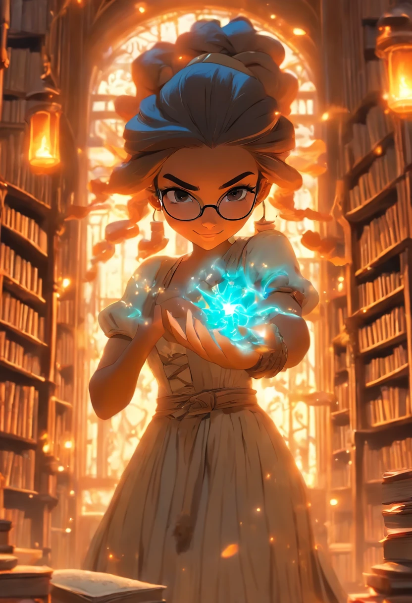 In a magical library, a confident, intelligent 1girl wearing round glasses and a stylish witch's hat stands near a vintage cauldron, surrounded by ancient manuscripts and spellbooks. With a mischievous smile, she eloquently utters incantations and gestures with precision, casting a powerful spell into the bubbling concoction. The room is filled with an enchanting glow as the spell takes effect, revealing her expertise in the arcane arts. The atmosphere is filled with an air of mystique and wonder, as if the very essence of magic emanates from every corner. The girl's enthusiasm and passion for knowledge are evident in her vibrant eyes and a playful, determined expression on her face. The 1girl's appearance is a perfect blend of nerdy charm and magical elegance, with an outfit that showcases her unique sense of style. The overall scene exudes a sense of excitement and the promise of extraordinary discoveries, inviting viewers to join her on a mesmerizing journey through the realms of fantasy and enchantment. The artwork should showcase a best quality, high resolution, and photorealistic depiction of this enchanting scene, perfectly capturing the intricate details of the girl's appearance, the magical artifacts, and the captivating ambiance of the library. The color palette should be rich and vibrant, with warm tones accentuating the mystical atmosphere. The lighting should be subtle yet dynamic, casting soft shadows and emphasizing the girl's presence amidst the magical elements.