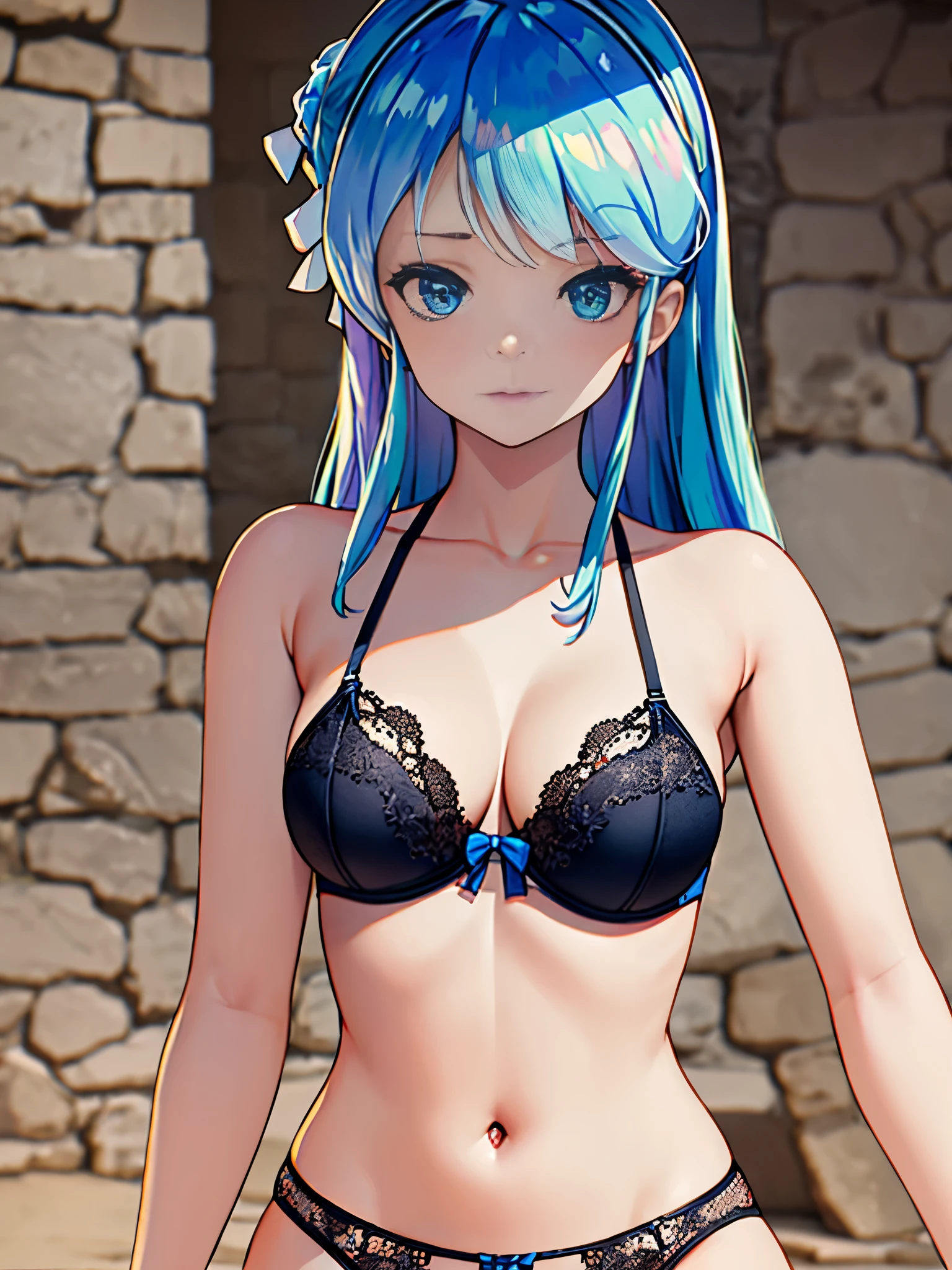 German woman in lingerie posing against stone wall, lace underwear , White lace petticoat, Lacey, wearing sexy linger , Complex body, with beautiful exotic, scantily clad, , blue hair and perfect body, blue eyes，scantily clad, scantily clad!!, Sexy , Beautifand detailed body and face, beautiful body, Thin black underwear
