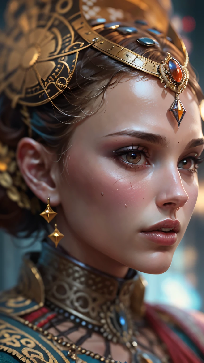 Queen Amidala, Star Wars, Lucasfilm, Natalie Portman, Photorealism

(best quality,4k,8k,highres,masterpiece:1.2),ultra-detailed,(realistic,photorealistic,photo-realistic:1.37),illustration,portrait,science fiction,fantasy,royalty,Natalie Portman as Queen Amidala,ornate costumes,elaborate makeup,extravagant headpieces,detailed facial features,beautiful detailed eyes,beautiful detailed lips,elaborate hairstyles,colorful and intricate clothing,galactic political leader,queen of Naboo,peaceful and diplomatic demeanor,regal postures and gestures,majestic atmosphere,advanced futuristic technology,futuristic cityscape,ornate interiors with rich textures and patterns,bright and vibrant colors,shadows and highlights giving depth and dimension,soft and diffused lighting,glowing and shimmering special effects,impressive visual effects,lifelike textures and materials,realistic skin and hair,meticulous attention to detail,high-definition resolution,HDR color grading,masterful rendering of Queen Amidala's iconic appearance,ethereal and otherworldly ambiance,spectacular visual spectacle