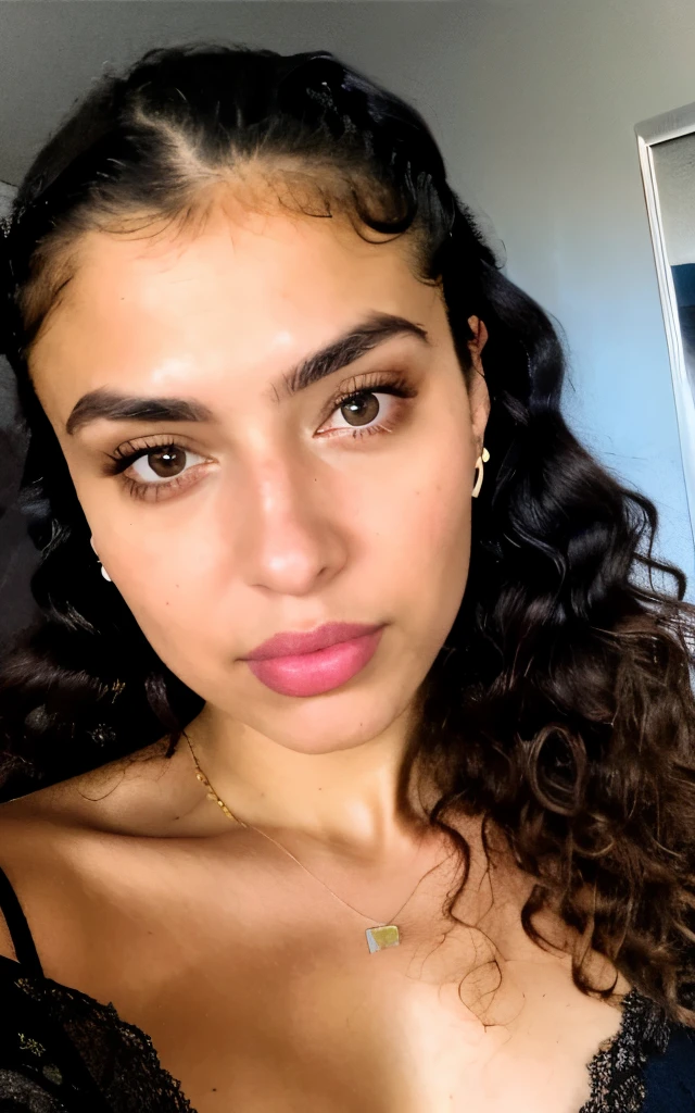 photograph, raw photo, beautiful 29 yo persian-russian girl [Vladlena Farideh|Anahita Oksana], just woke up, take a selfie in bed, see-through black night gown, thick, curly hair, detailed skin texture & pores, (goosebumbs:0.7), looking at viewer, closeup, film grain, smiling.