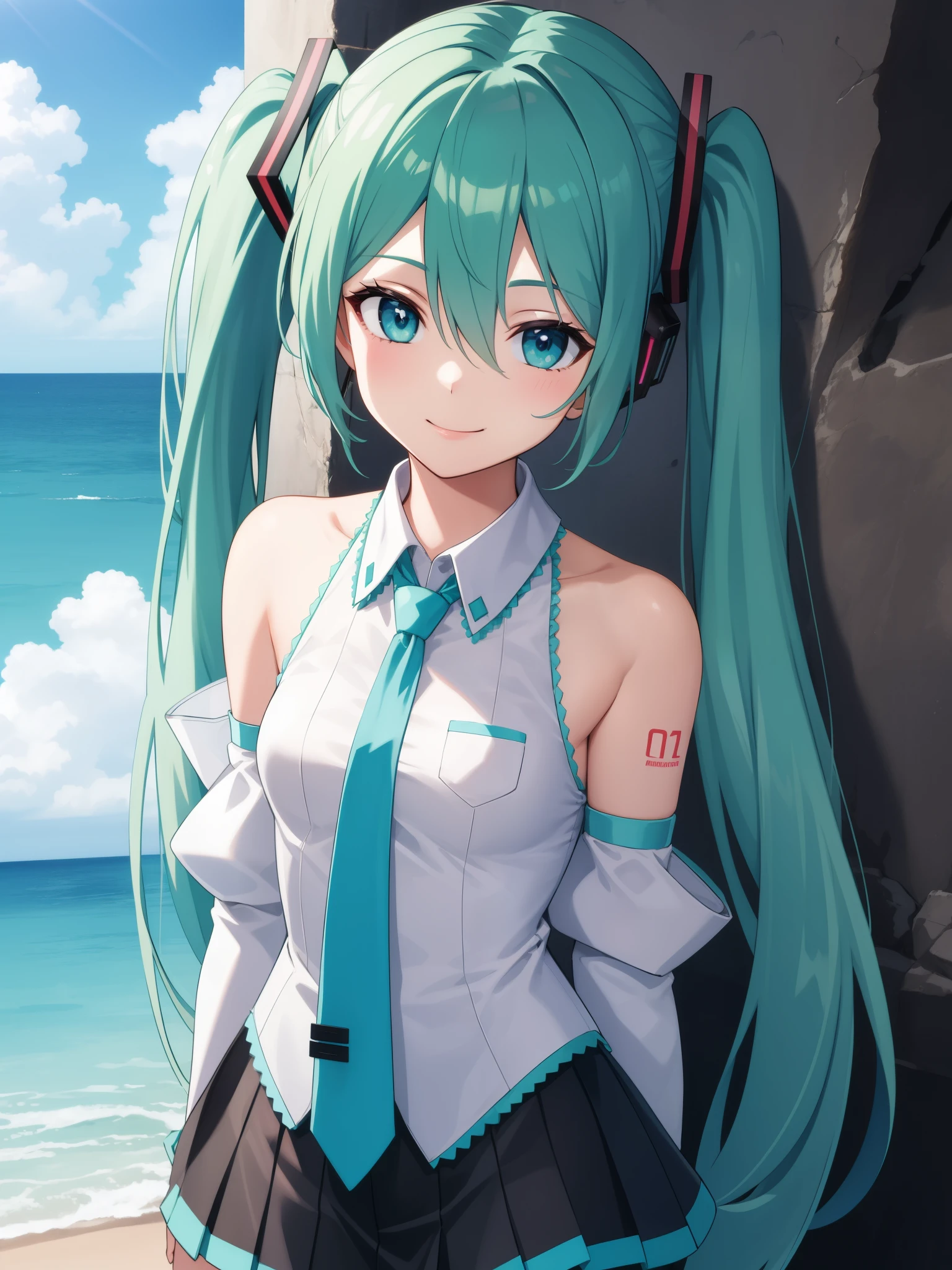 ((masterpiece)),(best quality),official art,extremely detailed CG,unity 8k wallpaper,ultra detailed,A lighthouse on a cliff by the sea,1girl,solo,upper body,(portrait:1.2),hatsune miku,looking at viewer,sleeveless shirt,white shirt,fringe,smile,black thighhighs,hair between eyes,twintails,very long hair,aqua eyes,aqua hair,detached sleeves,miniskirt,aqua necktie,thigh boots,