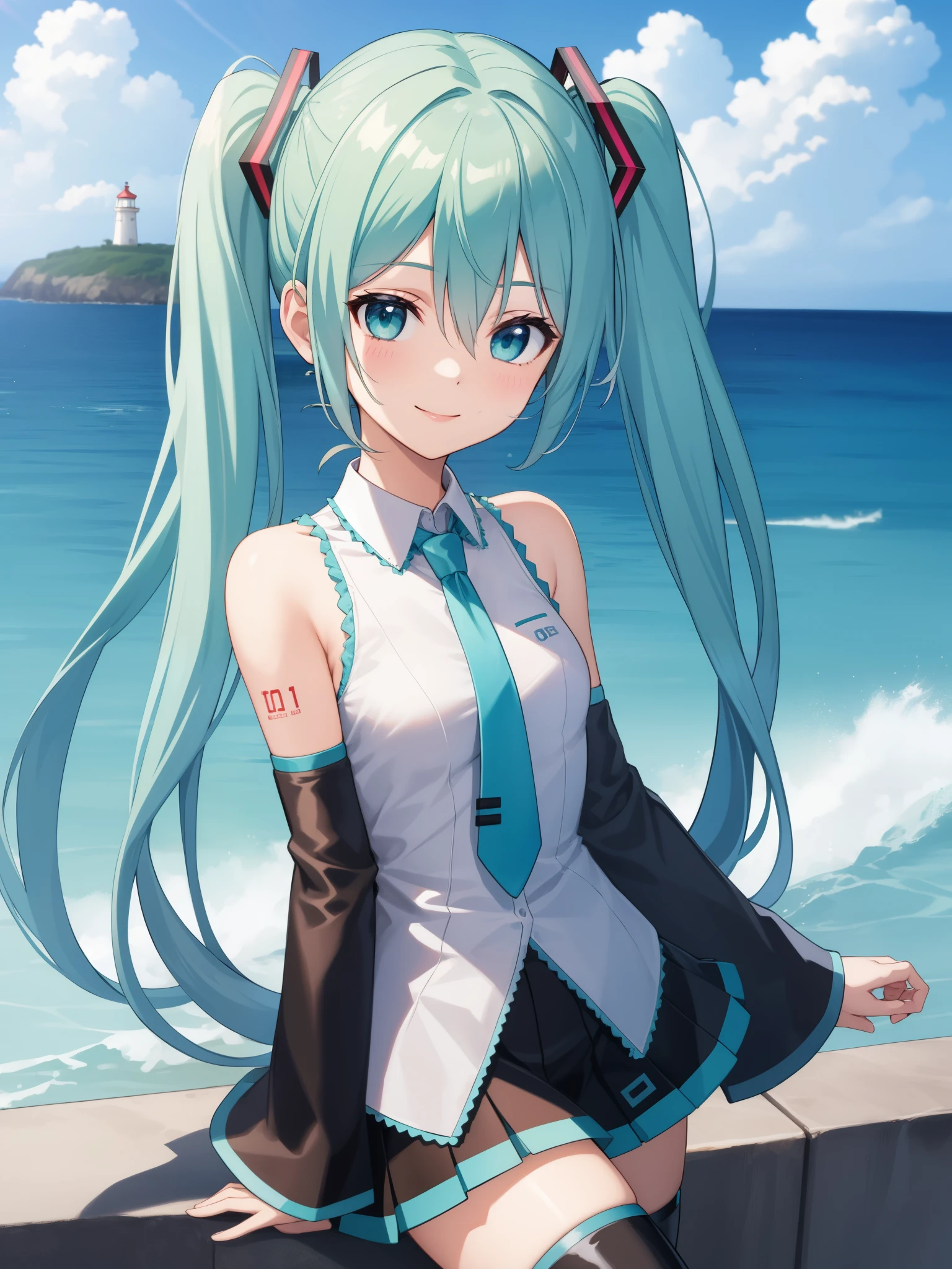 ((masterpiece)),(best quality),official art,extremely detailed CG,unity 8k wallpaper,ultra detailed,A lighthouse on a cliff by the sea,1girl,solo,upper body,(portrait:1.2),hatsune miku,looking at viewer,sleeveless shirt,white shirt,fringe,smile,black thighhighs,hair between eyes,twintails,very long hair,aqua eyes,aqua hair,detached sleeves,miniskirt,aqua necktie,thigh boots,