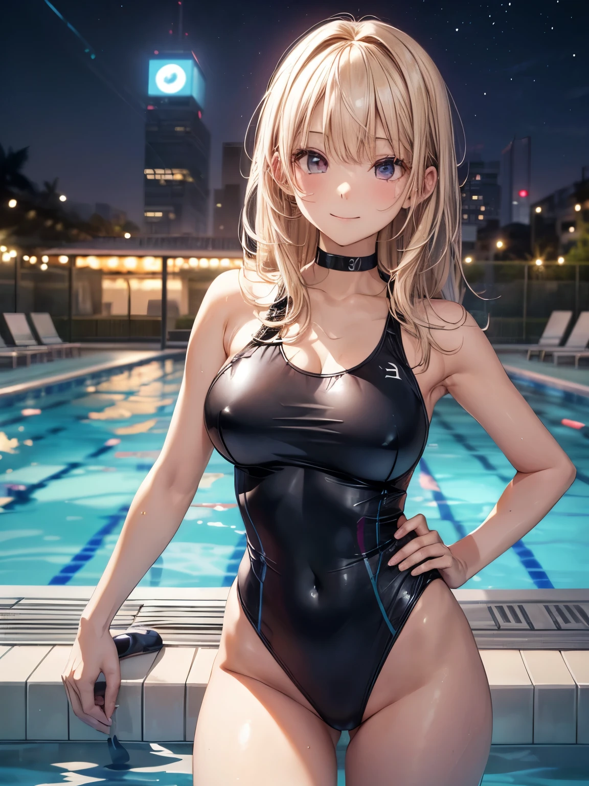 highest quality、complete limbs、full finger、1 woman、Women with blonde hair、medium hair woman、straight hair woman、Beauty busty woman:1.5、A woman wearing a yellow one-piece swimsuit:1.5、(((night pool)))、Hotel rooftop、light up、night、big smile、hands on hips