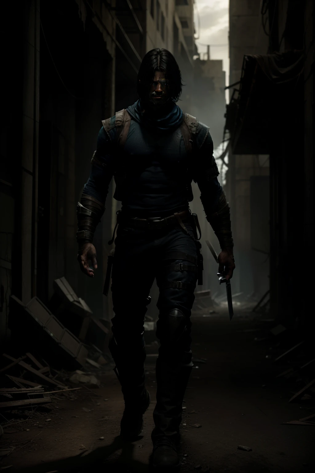 ultra realistic , soul reaver in an postapocalyptic bakground standing facing a dark path with a determination to grow ever so strong with a tall well built body