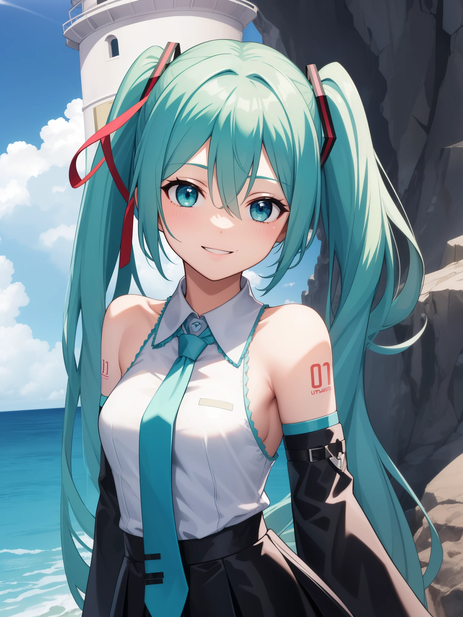 ((masterpiece)),(best quality),official art,extremely detailed CG,unity 8k wallpaper,ultra detailed,A lighthouse on a cliff by the sea,1girl,solo,upper body,(portrait:1.2),hatsune miku,looking at viewer,sleeveless shirt,white shirt,fringe,smile,black thighhighs,hair between eyes,twintails,very long hair,aqua eyes,aqua hair,detached sleeves,miniskirt,aqua necktie,thigh boots,