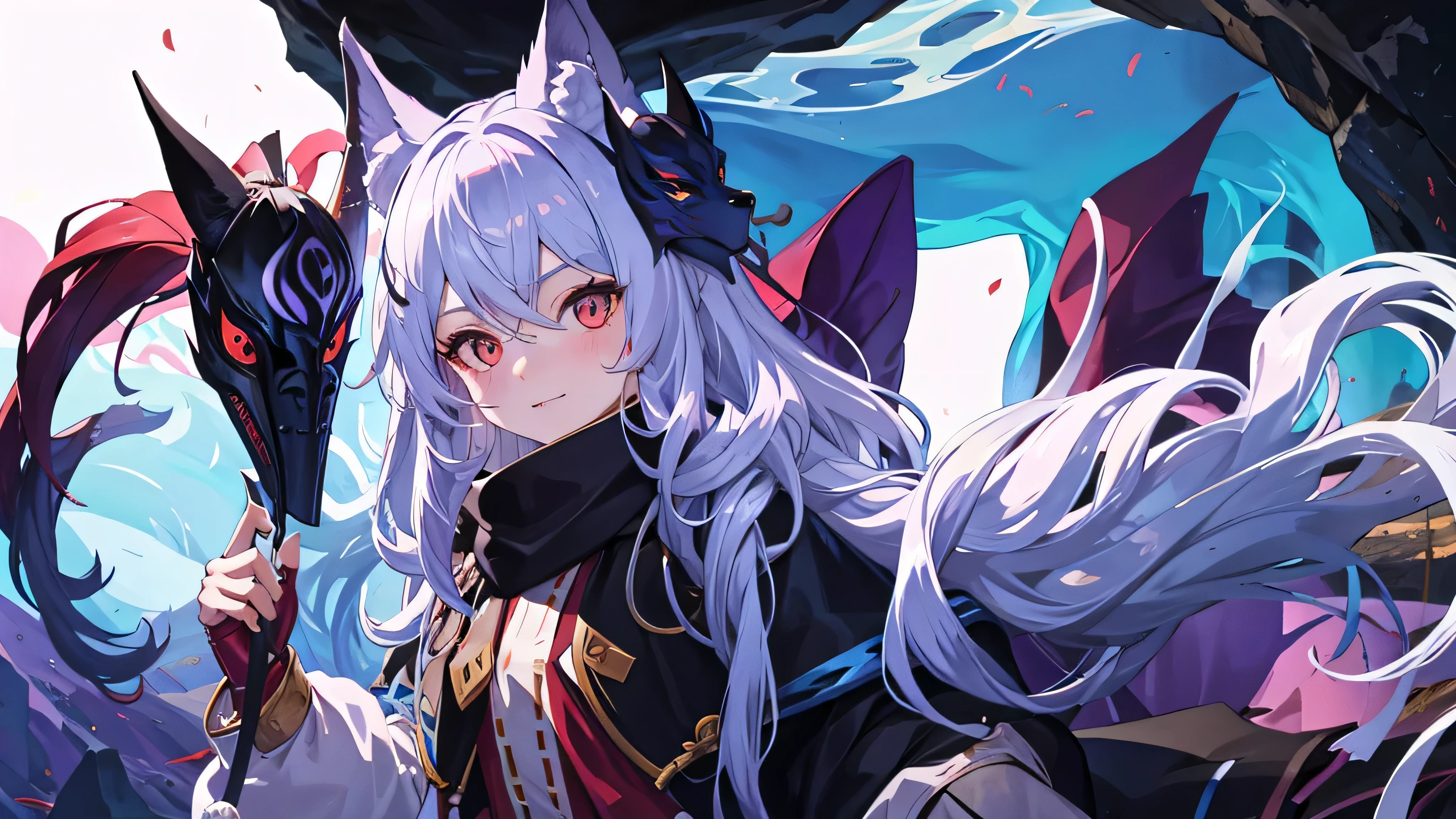 kindred,big bust,long hair,mischievous expression,fluffy hair,holding bow,cave background,nice body,Exposed,with the wolf,wearing a mask,front view