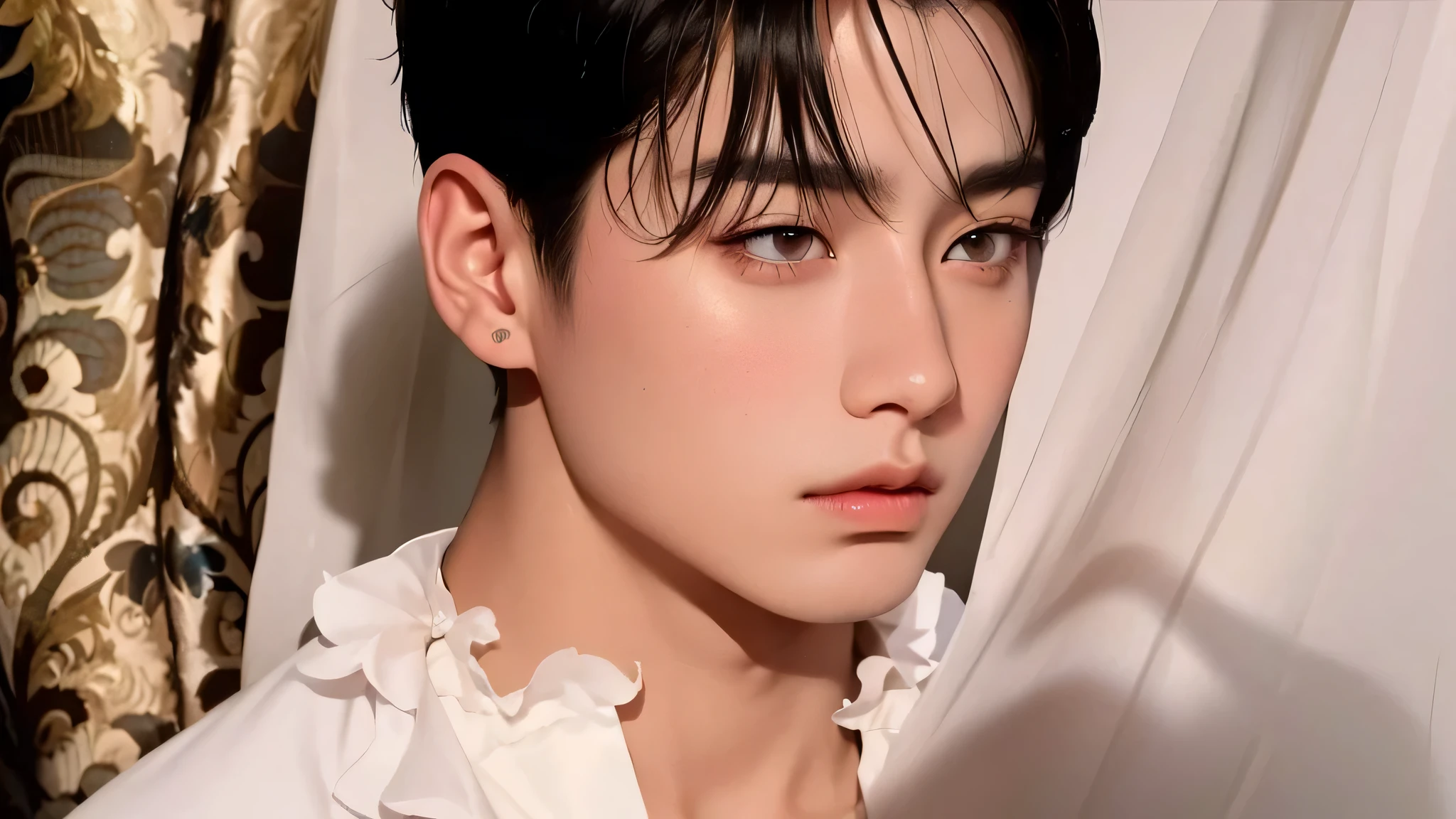 Araffe Asian man with black hair and white shirt, Jungkook, Jinyoung Shin, Kim Doyoung, cai xukun, hyung tae, Aesthetics of Jinyoung Shin, Wonbin Lee, adorable and pale korean face, inspirado em Bian Shoumin, taejune kim, beautiful young prince, Yanjun Chengt, dez lee, young pale angel, sfw, profile picture with headshot, jovem, Jungkook, jeon Jungkook, BTS
