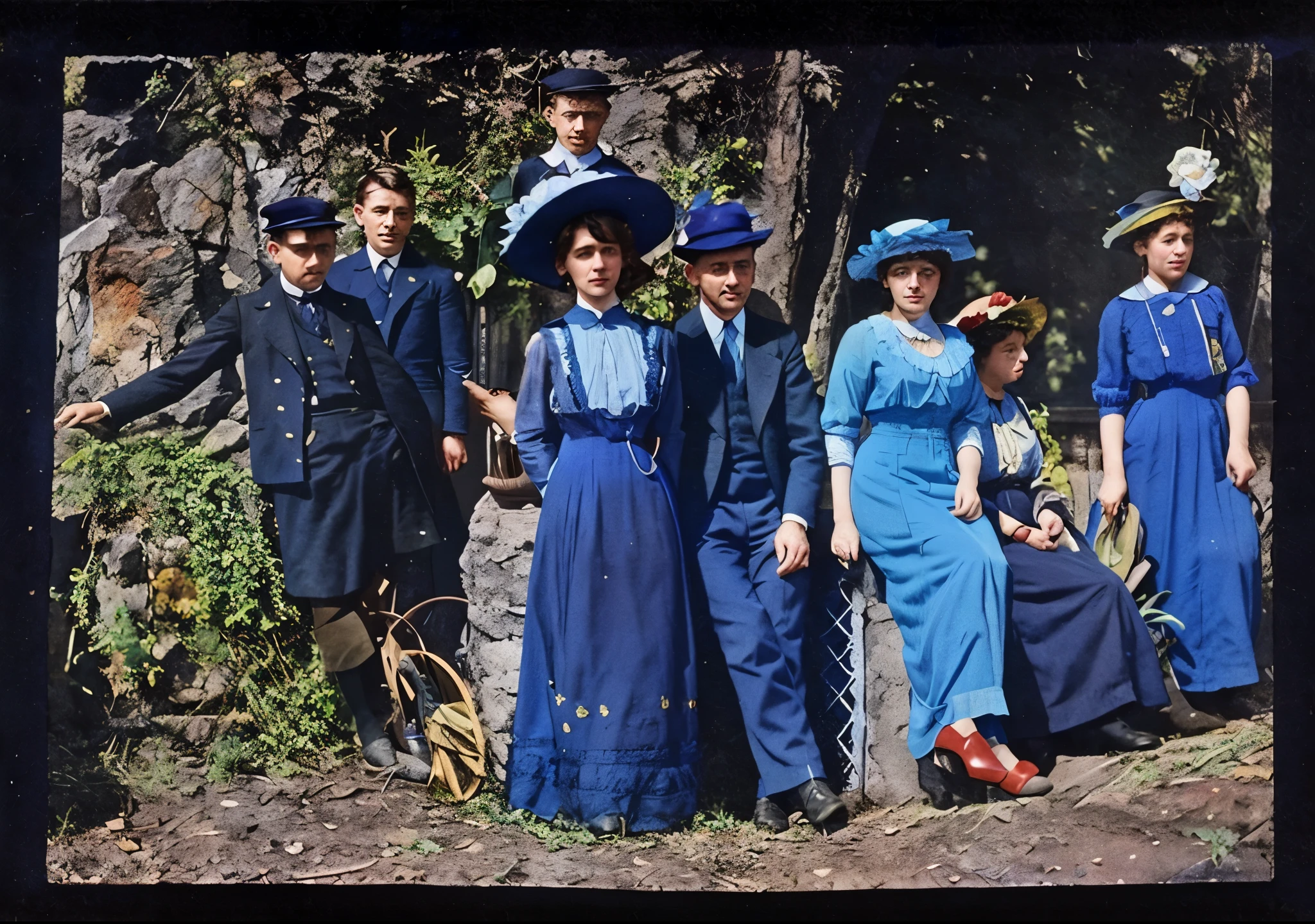 there are many people in blue dresses and hats standing together, 4 k photo autochrome, autochrome, autochrome photograph, colorized 1 9 0 4 photo, colourized, colourised, award winning autochrome photo, 1907, 1 9 0 5, 1905, 1910, 1 9 1 0, 1904