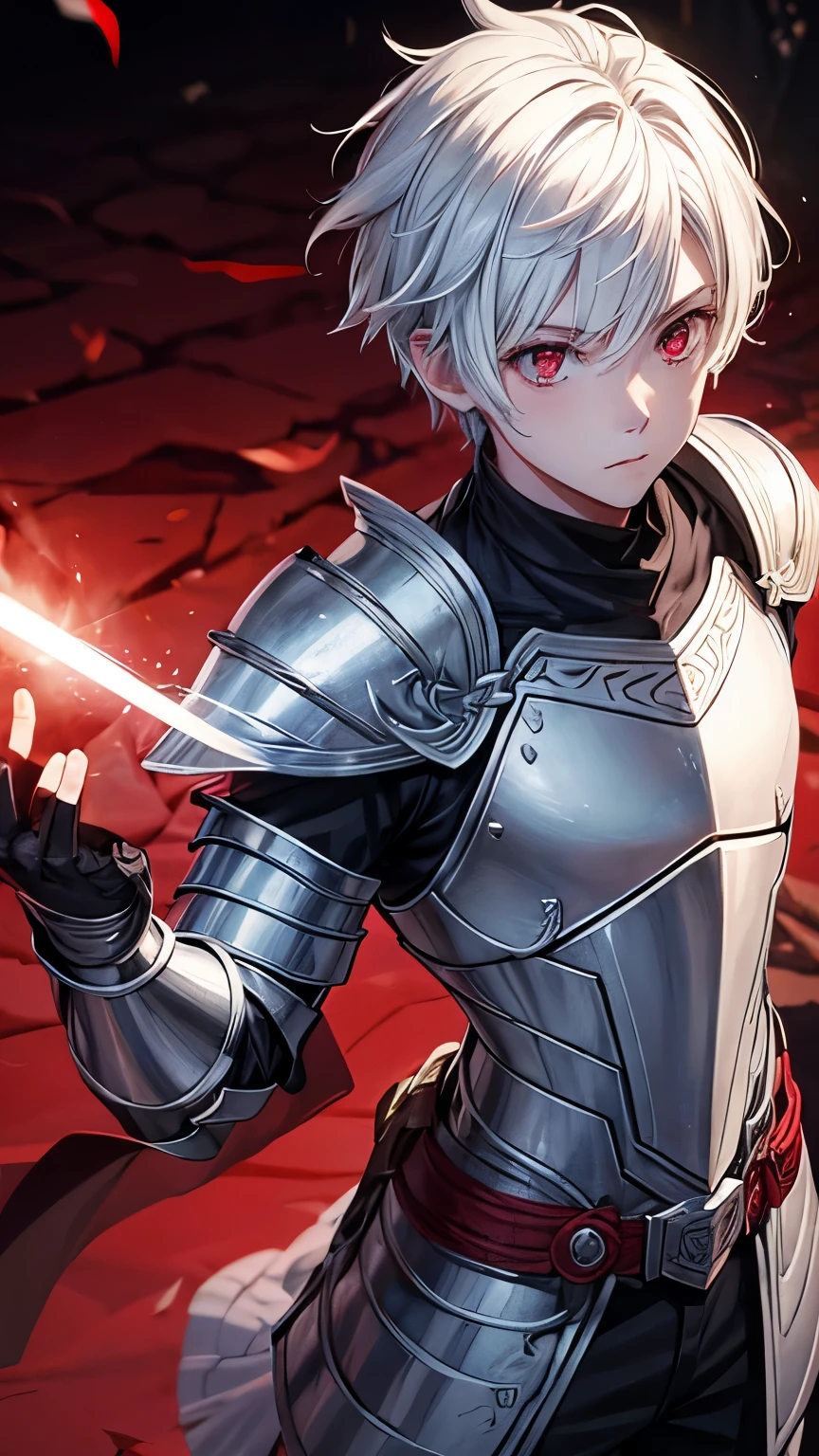  boy with white hair and red eyes holding daggers wearing light silver armor with some runes carved into the armor