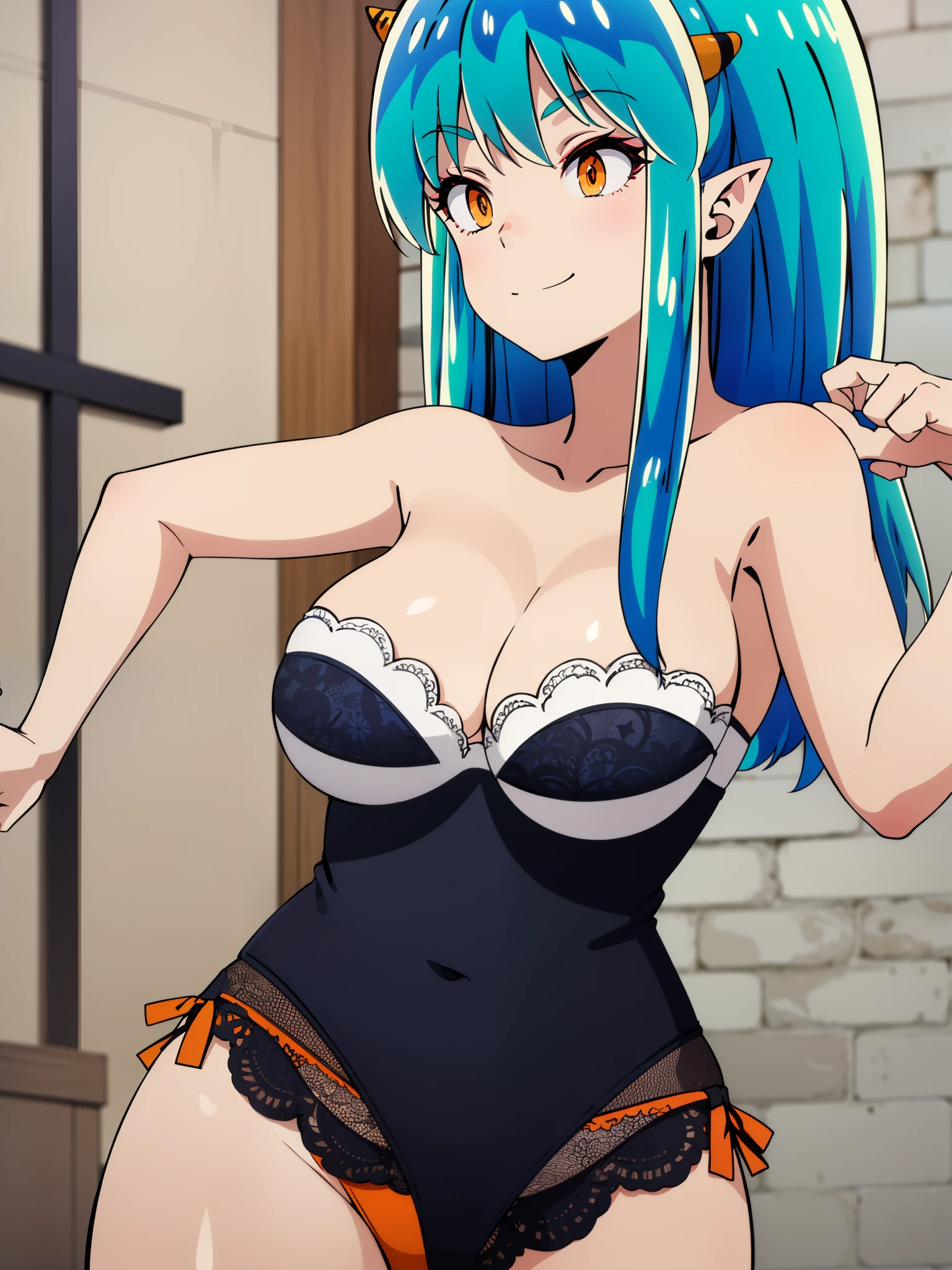 uruseiyatsurarum, rum, long hair, bangs, blue hair, (orange eyes:1.5), horn, pointed ears, aqua hair, oni horn, eye shadow, smile, (big breasts),tiger print, strapless bikini、
German woman in lingerie posing against stone wall, lace underwear big breasts, White lace petticoat, Lacey, wearing sexy lingerie, , Complex body, with beautiful exotic, scantily clad, , blue hair and perfect body, blue eyes,scantily clad, scantily clad!!, Sexy , Beautiful and detailed body and face, beautiful body, Thin black underwear