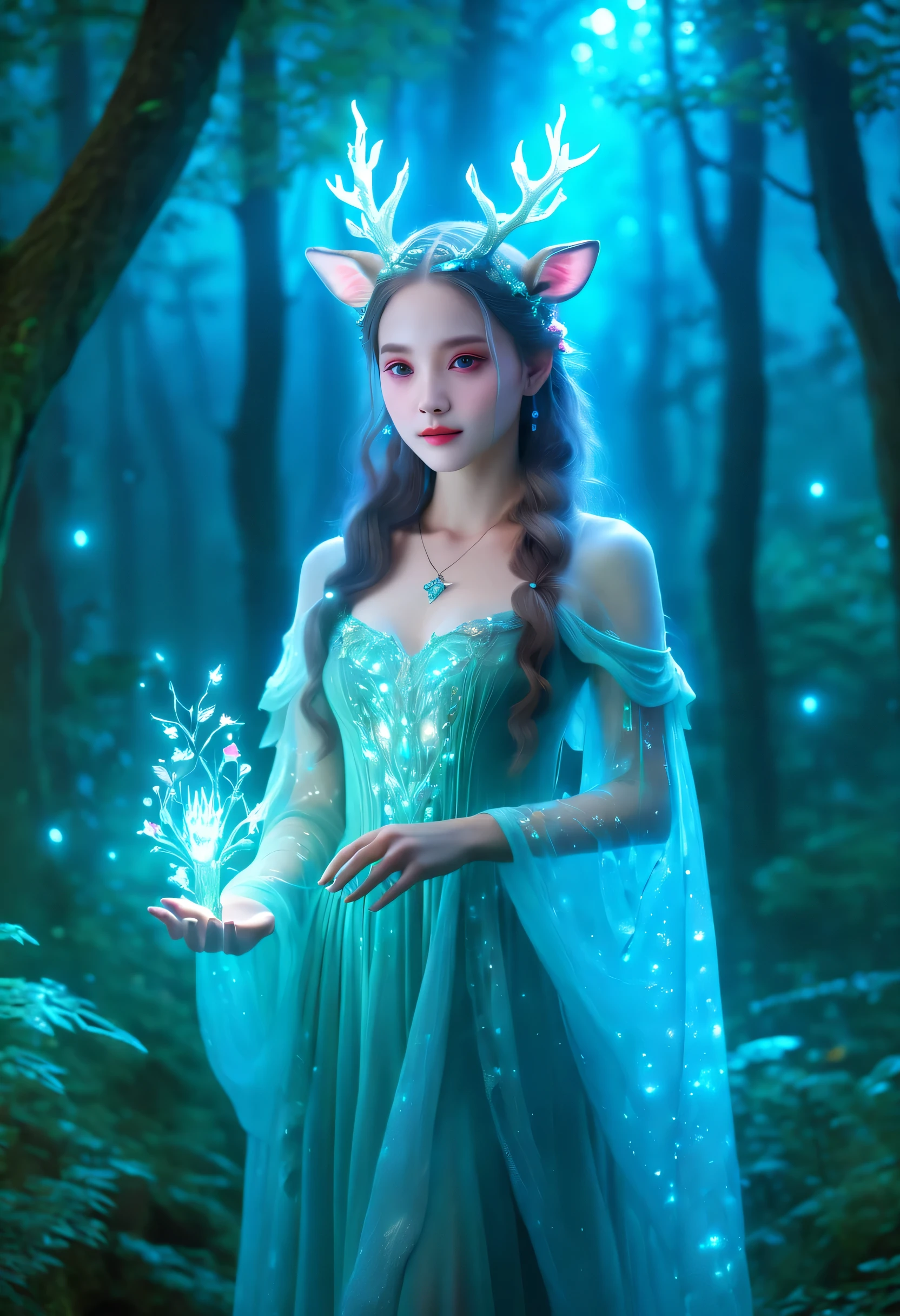 best quality，4K，8k，HD，masterpiece：1.2，super detailed，lifelike：1.37，flash，enchanted forest，magical atmosphere，charming scenery，rich and colorful，（闪闪glow的仙女，queen of the forest，Charming witches，Carefully cast，French formation），Cute fawn，glow，fluorescence，wand casting，装满glow液体的瓶子，ethereal atmosphere