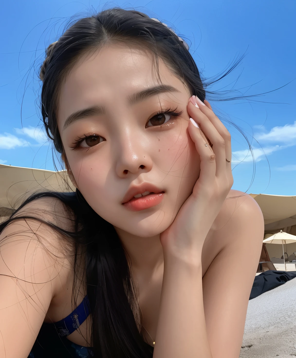 arafed asian woman with long hair sitting on a beach, blackpink jennie, gongbi, heonhwa choe, gemma chen, without makeup, beautiful south korean woman, jaeyeon nam, lee ji - eun, lee ji-eun, young adorable korean face, taejune kim, sha xi, wenfei ye, wan adorable korean face