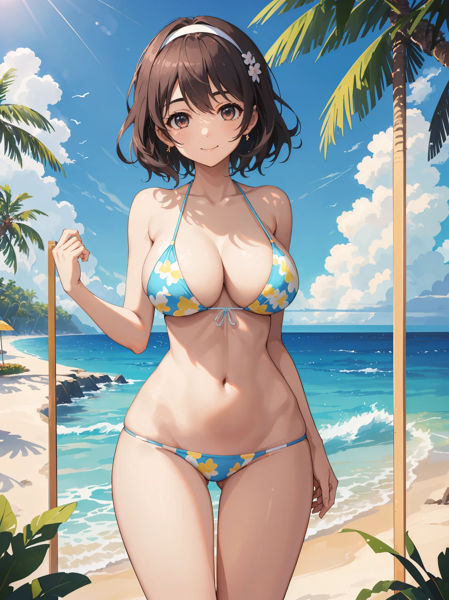 beautiful young woman，perfect body and beautiful big eyes, perfectly slim and thick body, short and wavy hair, hair band, micro bikini with delicate print, play on the beach, tropical island, Happy, smile gently, Open, That&#39;s a perfect face, mute tone, in the atmosphere, clean lines, Complex, Super detailed, realistic, 8K