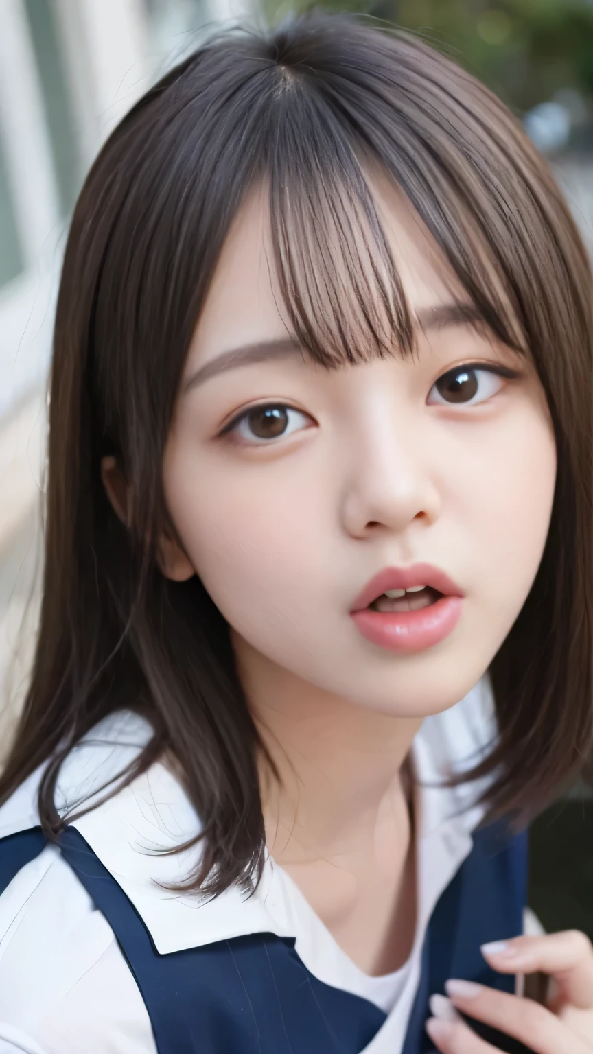 NSFW, 8K RAW photo, ((sailor suit))highest quality, masterpiece,cute face、dual、 laughter、cute face、((Open your big mouth and show me your tongue)),ultra high resolution, movieグレイン, movie, 1 girl, looking at the viewer, natural skin texture, Realistic eye and face details, perfect teeth alignment、Perfect eyes and perfect mouth、 bangs, 別れたlips, lips,