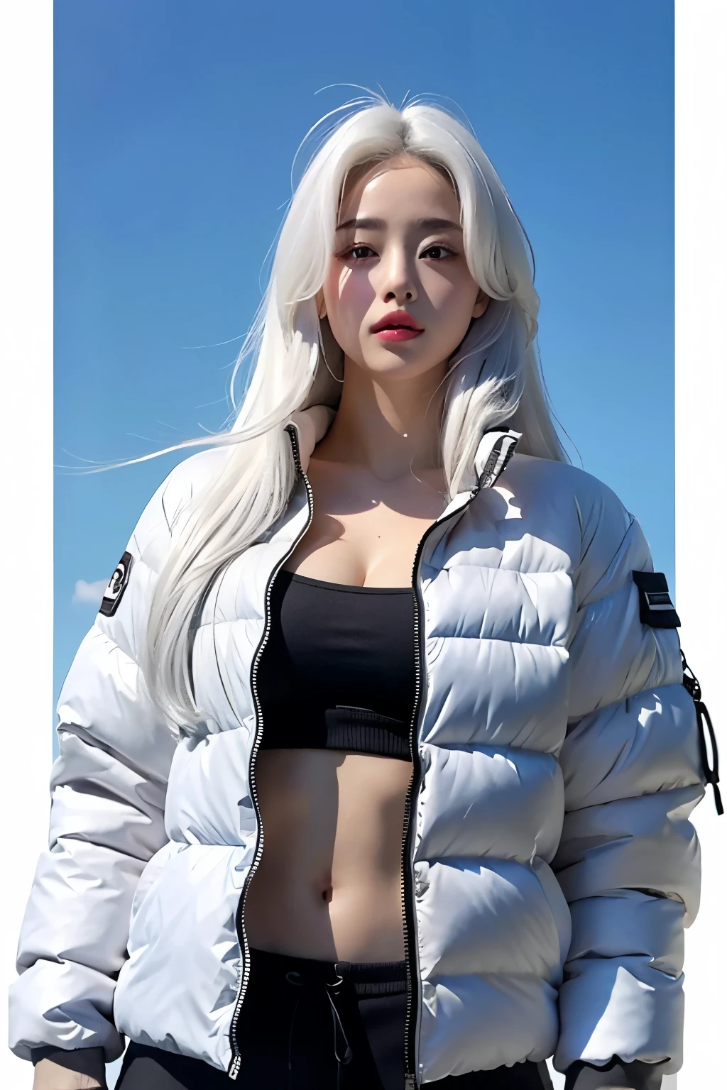 realistic, High resolution, 1 female, glowing skin, alone, wide lips,long hair,straight hair,saggy breasts,small face,white hair,Color Contacts,Black down jacket,Sweat pants,up angle,Purse your mouth,Kissing mouth
