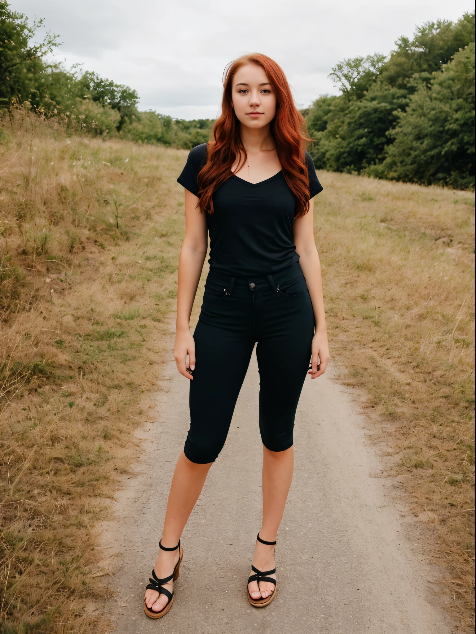 1girl in, age 19, redhead, long wavy red hair, full body