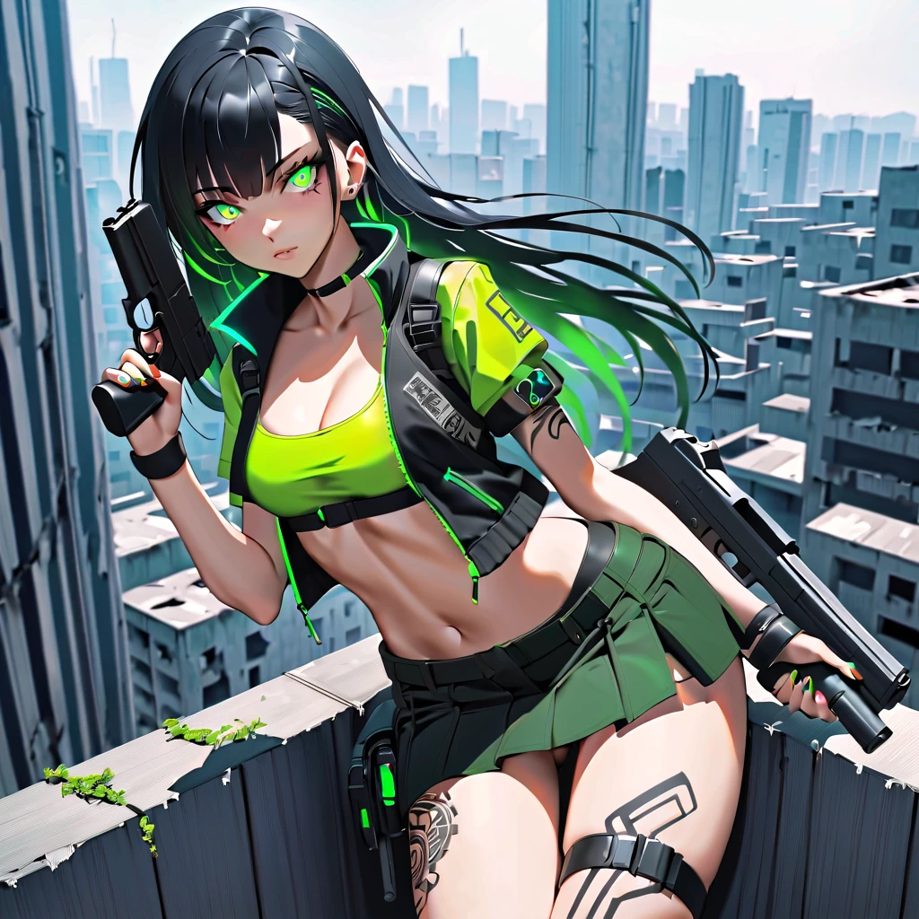 1 girl, solo, long_hair, bangs_between_the_eyes black_hair_with_strands_green, bi_color_ green_neon eyes, sexy_face, gun_in_hand, Playing_gun_with_your_hands, cyberpunk_clothes, short_jacket, navel appears, short_skirt, scarred_legs, left_arm_band, tattoo_above_navel_background_of_on top of an abandoned building, manga_style_image .
