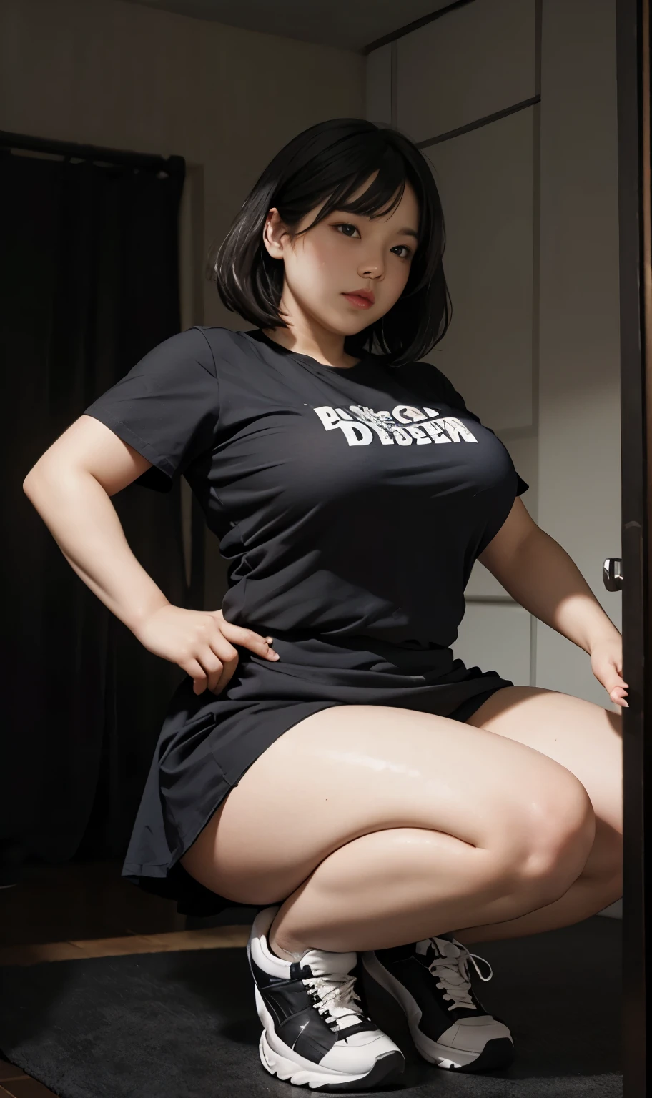 A beautiful beauty, long black hair, big eyes, round face, dress, tight purple skirt, sneakers , slightly fat, plump and sexy, delicate facial features, on the black room, black room, dark room, HD, high quality, the best picture quality, chubby body, bob haircut