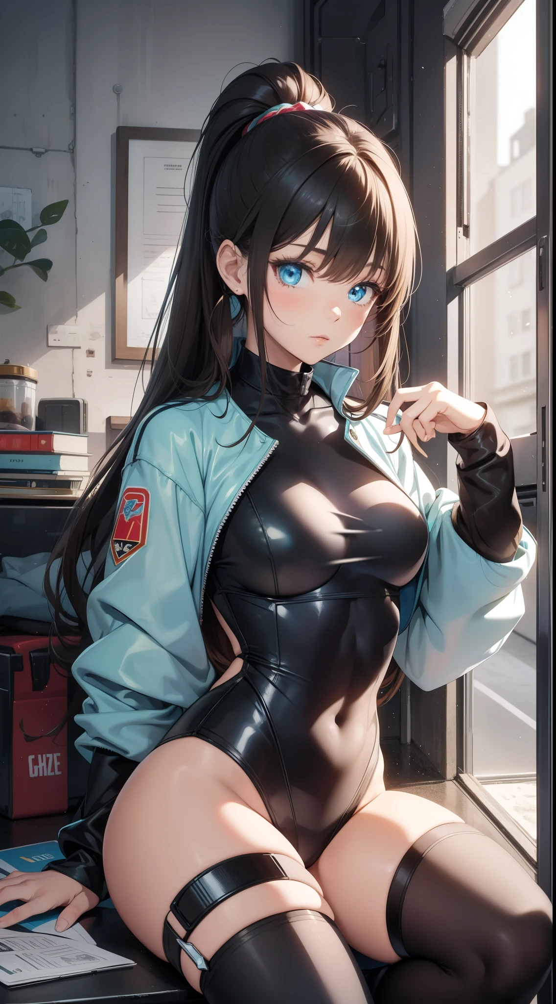 young girl, Long brown hair, high ponytail, Cyan eyes, Blue and yellow superhero uniform, leotard, Masterpiece, hiquality, bare legs