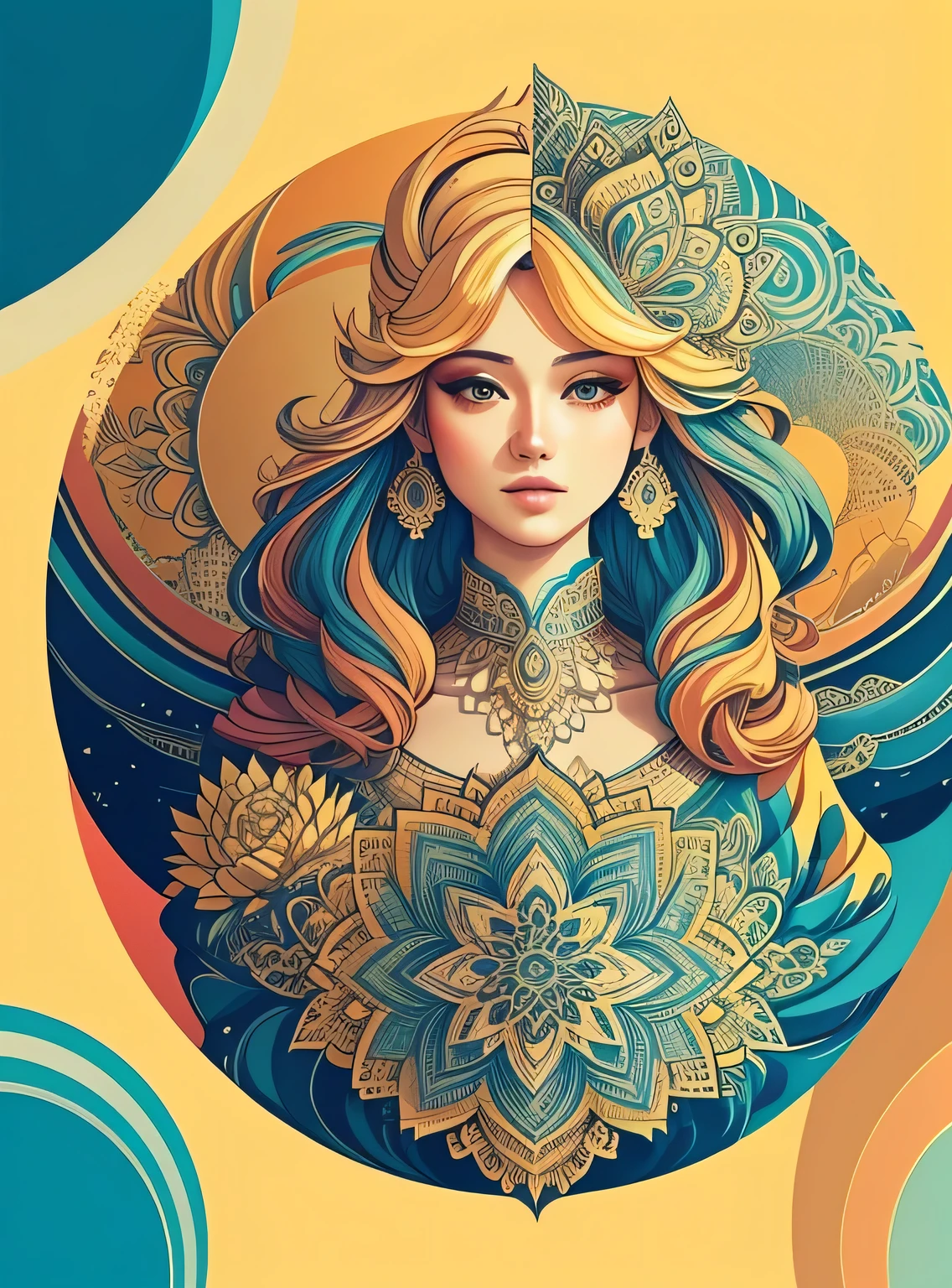 Lindo mandala, yellow sky, estilo de arte pop, Yang08k,  Lindo,  colorida,
obras-primas, maximum quality, melhor qualidade, arte oficial, Lindo and aesthetic,