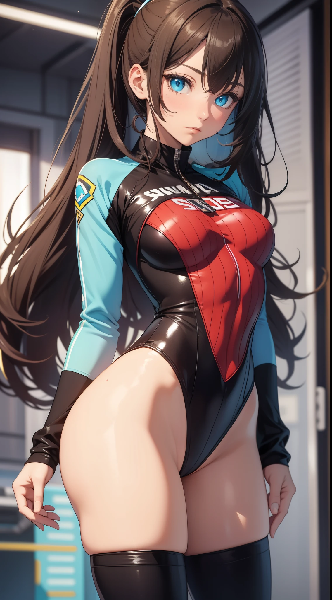 young girl, Long brown hair, high ponytail, Cyan eyes, Blue and yellow superhero uniform, leotard, Masterpiece, hiquality, bare legs