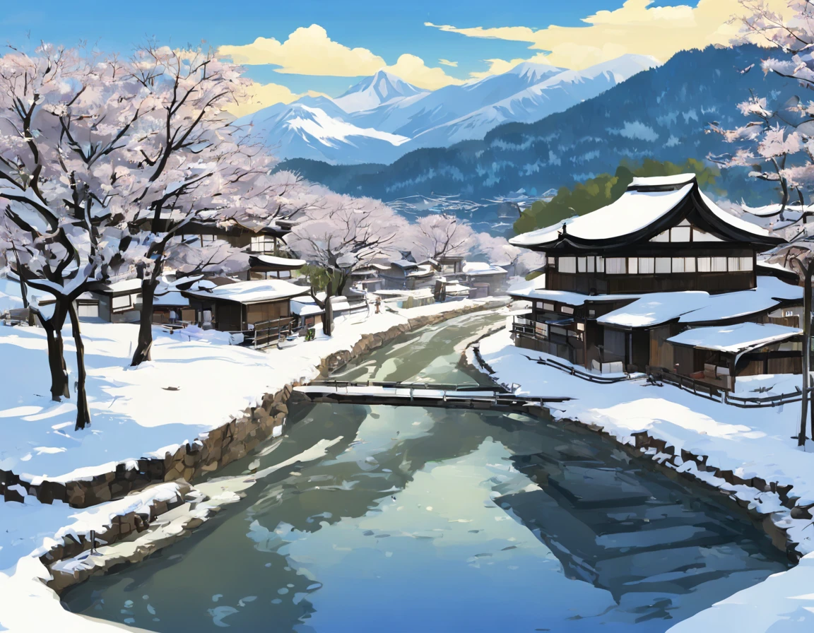 The city buried in snow, the streets of old Japanese houses, rice paddies, fields, streams, groves of trees, bright sunlight, blue sky, the best image quality.
