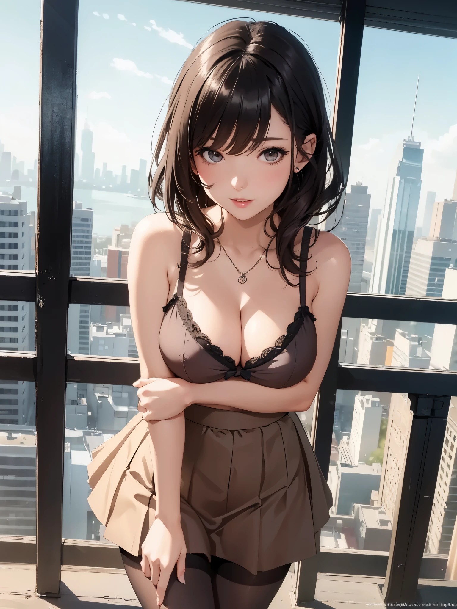 Girl in summer clothes, Medium flared skirt, pantyhose, Make her want to kiss you, View from the Viewer, medium breasts, cleavage, cityscape, flirty look, ((very detailed)), (perfectly detailed face), (well detailed hands) photorealistic images.