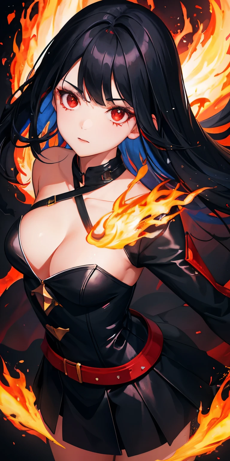 1 girl, black hair, red eyes, Fire Witch, Blood, light particles, light, wallpaper, high contrast, rich and colorful,