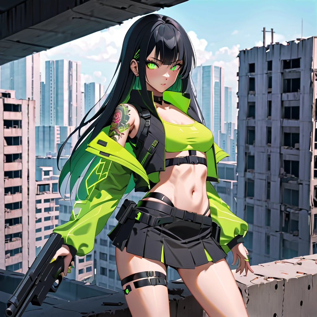 1 girl, solo, long_hair, bangs_between_the_eyes black_hair_with_strands_green, bi_color_ green_neon eyes, sexy_face, gun_in_hand, Playing_gun_with_your_hands, cyberpunk_clothes, short_jacket, navel appears, short_skirt, scarred_legs, left_arm_band, tattoo_above_navel_background_of_on top of an abandoned building, manga_style_image .