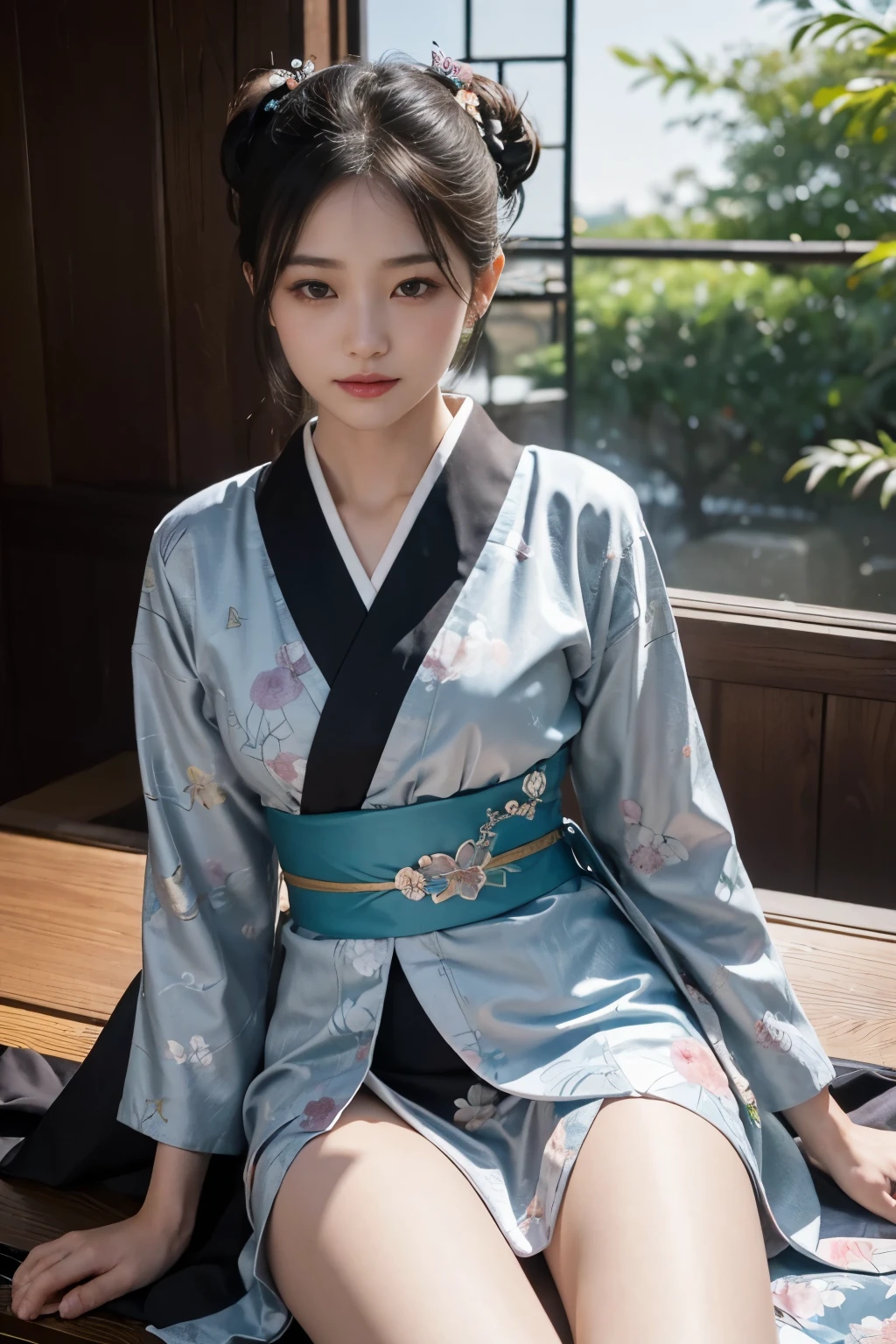 (Photoreal:1.4), (Top image quality:1.0), (Super high resolution:1.0), 8K, Raw photography, (masterpiece:0.2), (Pueros face_v1:0.5)、(最高quality Detail:1.2)、realistic、8K UHD、High resolution、(1 girl:1.2)、超detailedな、High quality textures、intricate details、detailed、Very detailed CG、High quality shadows、Beautiful and delicate face in every detail、Beautiful and delicate eyes in every detail、Depth of bounds written、ray tracing,1 girl, japanese girl, cute, thin, black kimono, Japanese pattern kimono,floral scrunchie, beautiful skin, facing the front,please sit down, Sit upright and say thank you,Arrange your hands elegantly,The faintly smiling country of Japan,Japanese garden,luxury Japanese room, sky porn, magic hour, (realistic:1.3), 細かくdetailedに, quality, (table top:1.2), (realistic:1.2), (最高quality), (複雑なdetailed), dramatic, ray tracing, photograph, +roller