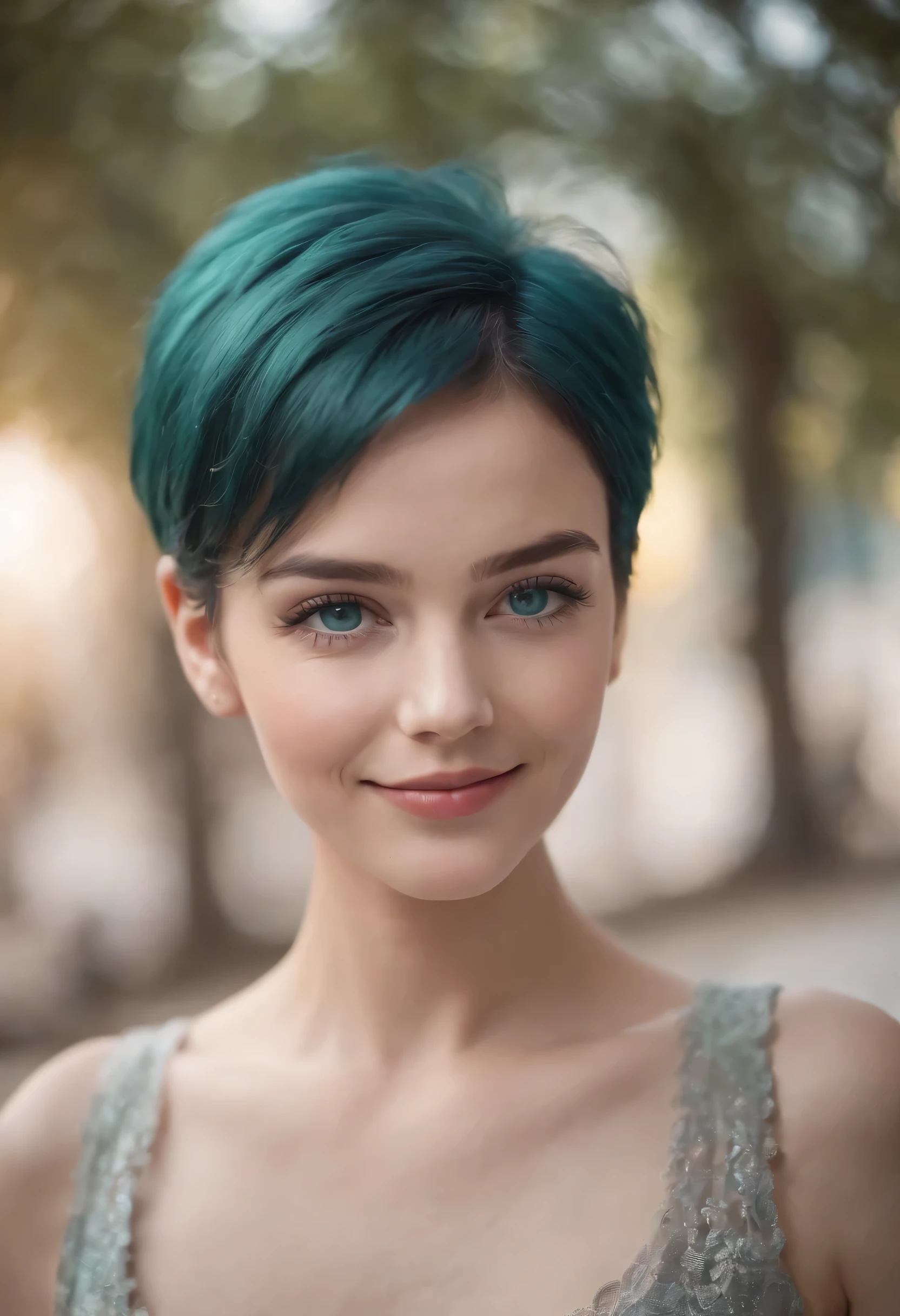 1girl, teal hair, short hair, teal eyes, smiling,