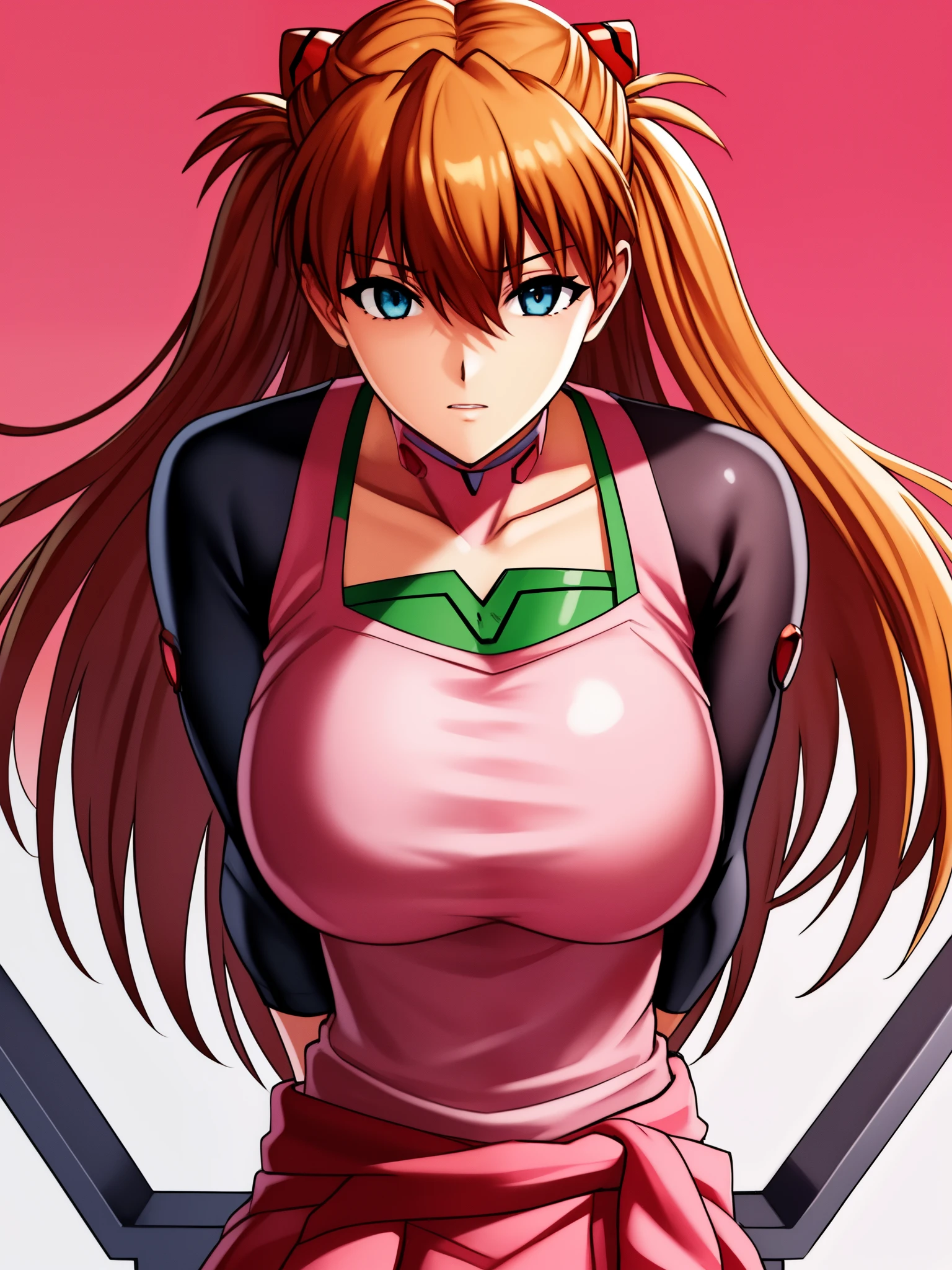 Soul Asuka Langley, Huge_chest, Are standing, alone, pink_tank_superior_red_skirt_sweater_around it_waist, masterpiece, highest quality, detailed face, fine eyes, High resolution,