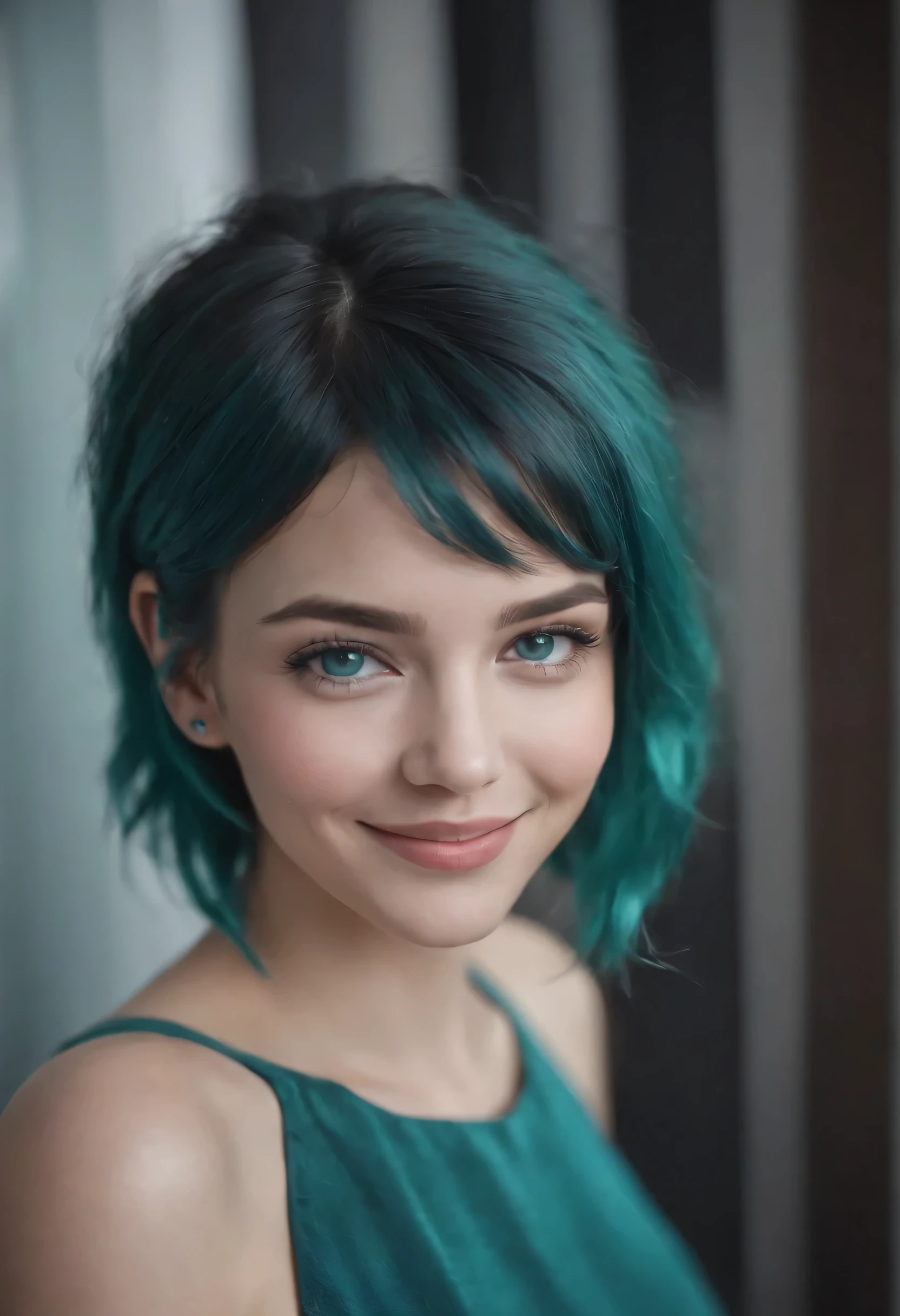 1girl, teal hair, short hair, teal eyes, smiling,