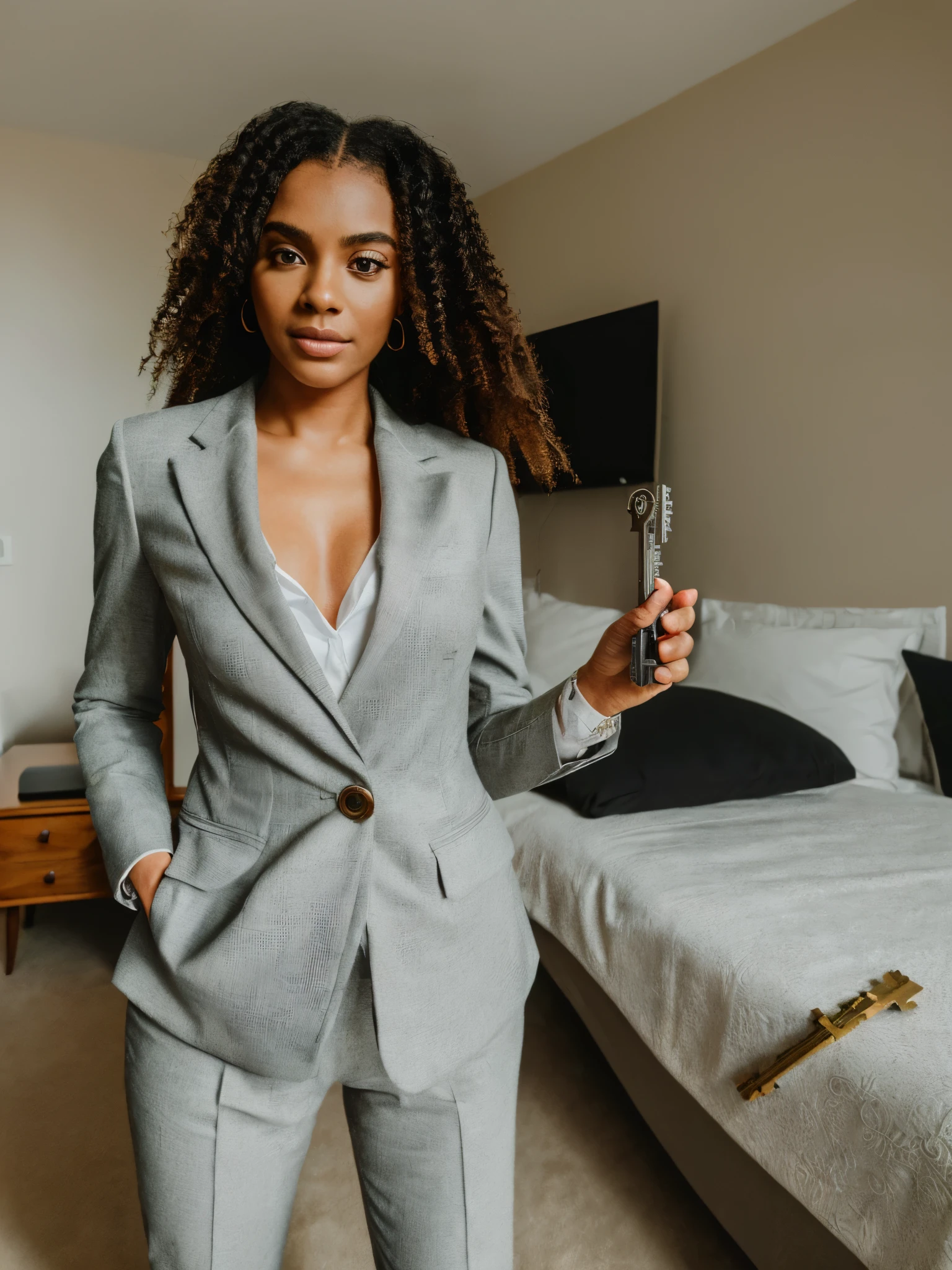 1women wearing a suit, ((holding keys)), bedroom in the background, 8k portrait, detailed intricate fabric texture, , (8K, RAW photo, best quality, masterpiece:1.2), (realistic, photo-realistic:1.4), ultra-detailed