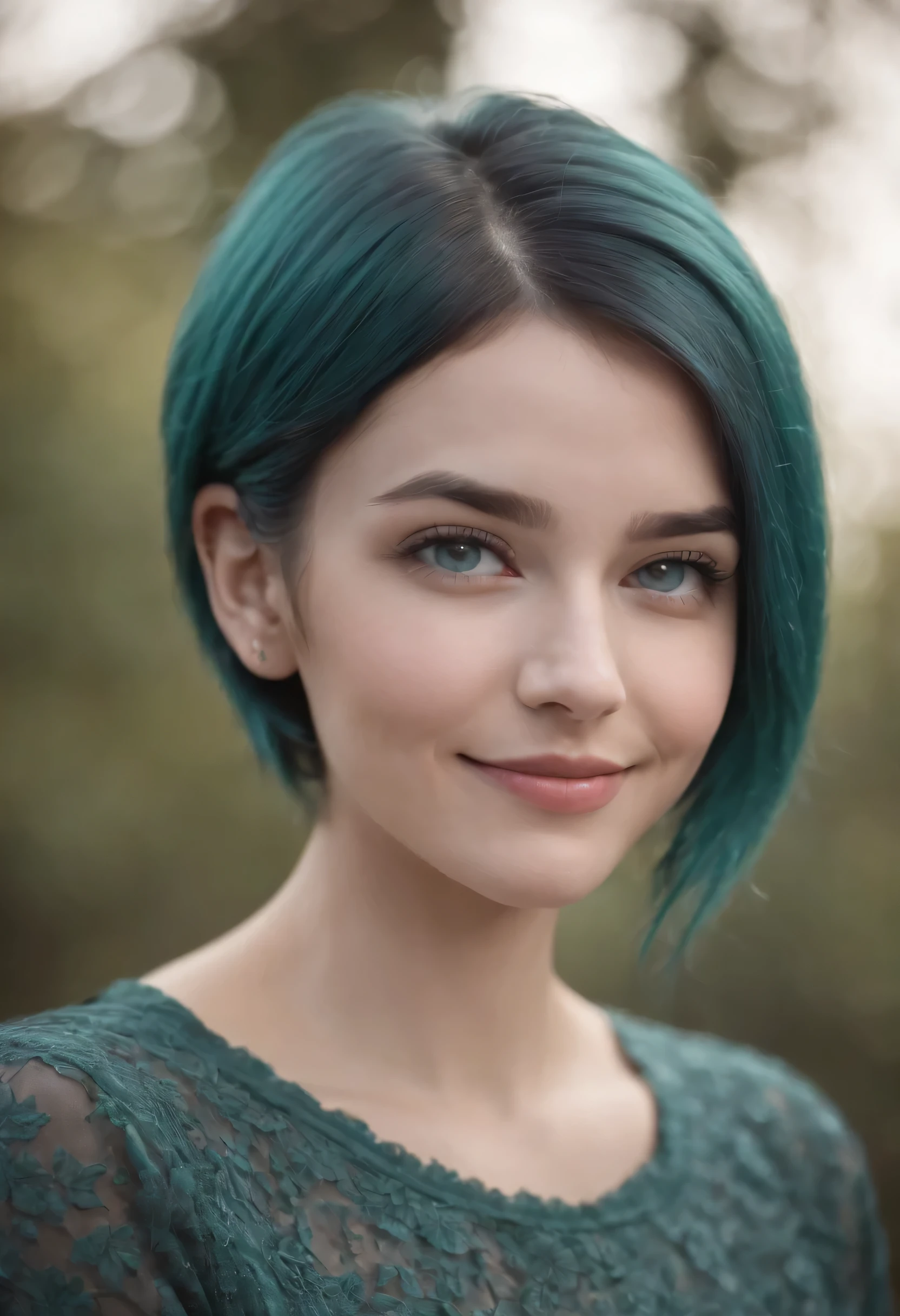1girl, teal hair, short hair, teal eyes, smiling,
