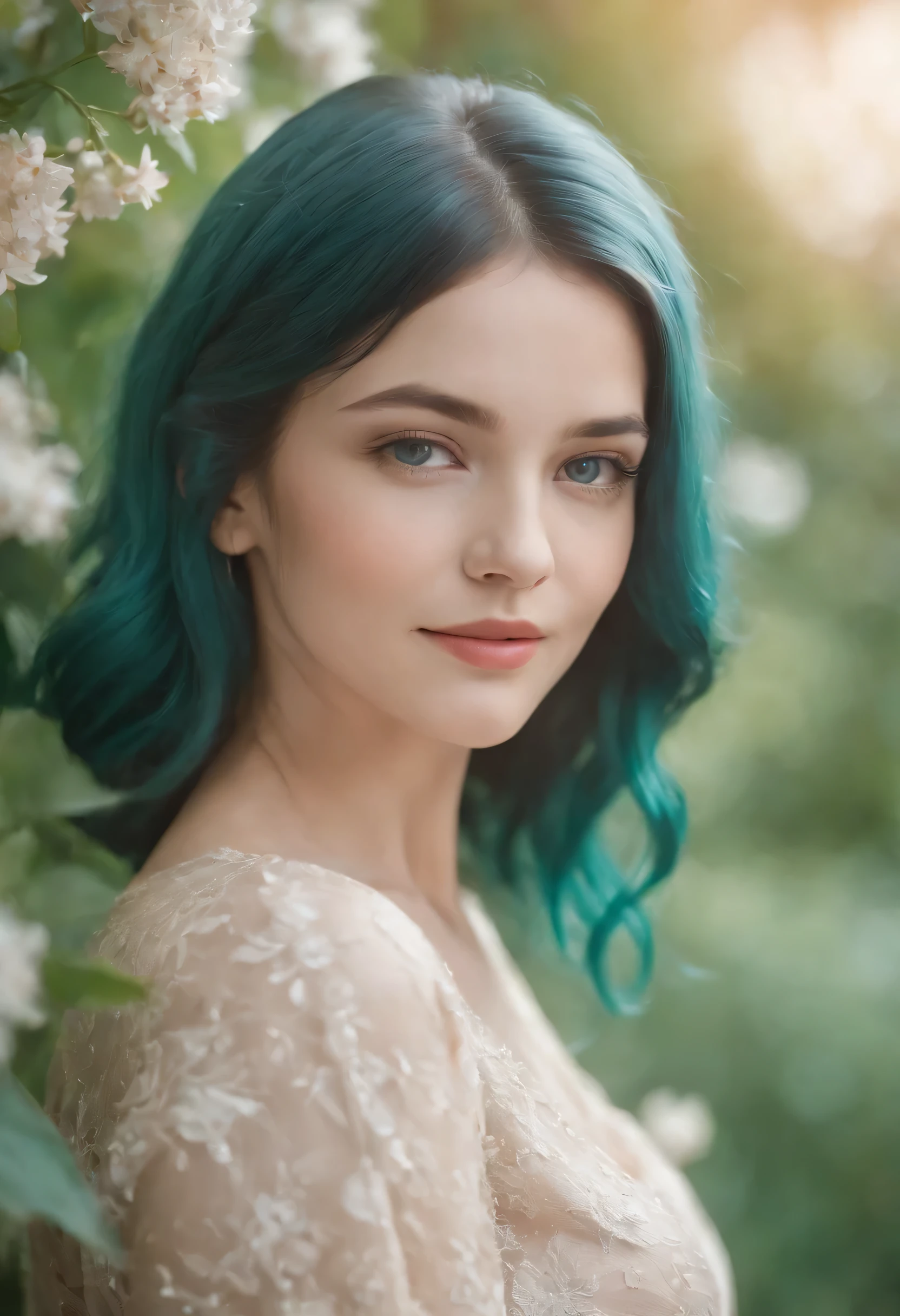best quality, vivid colors, portraits, clear focus, soft lighting, garden scene, flowers, butterflies, sunlight, vibrant atmosphere, peaceful ambiance, bokeh,1girl, teal hair, short hair, teal eyes, smiling,