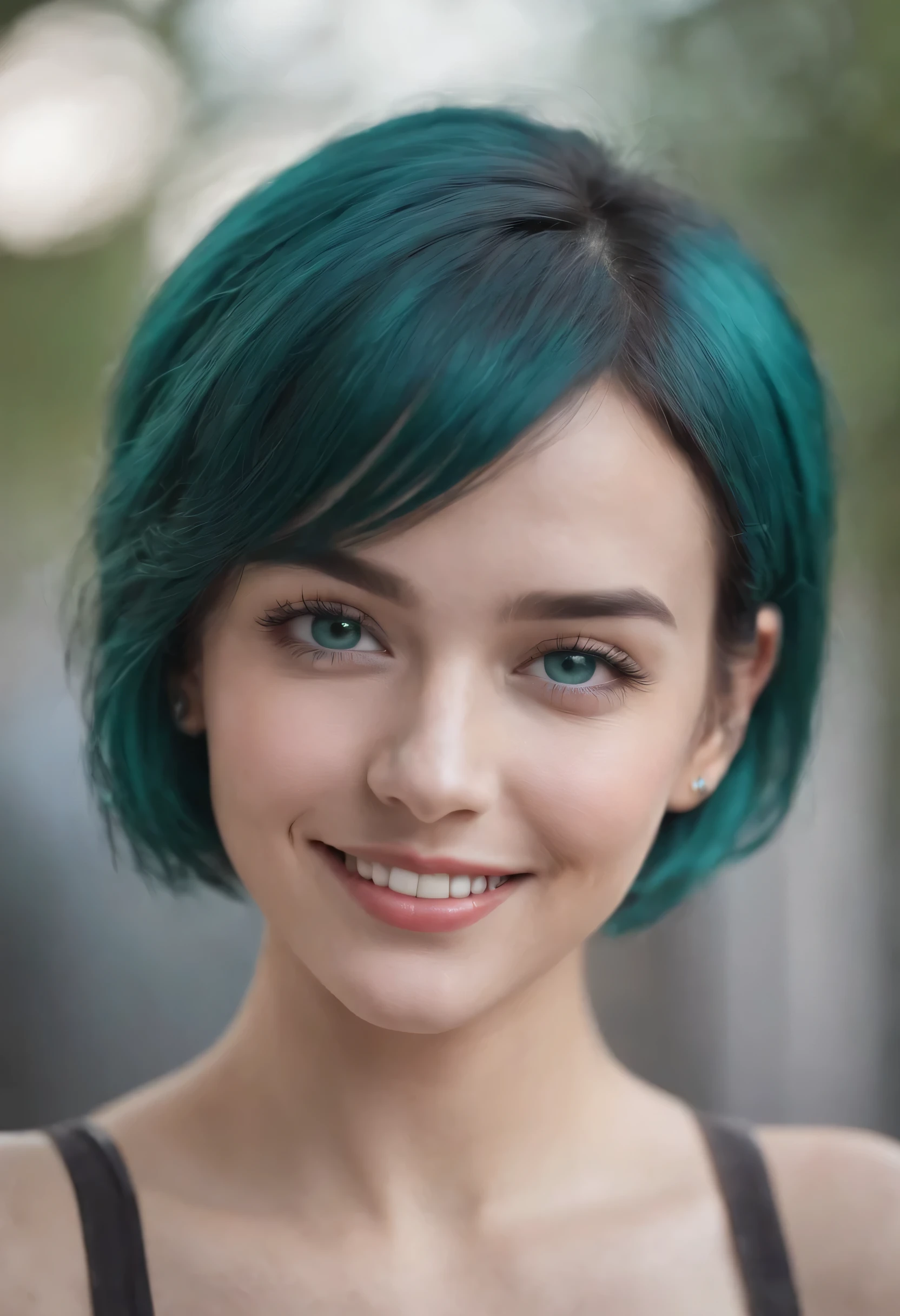 1girl, teal hair, short hair, teal eyes, smiling,