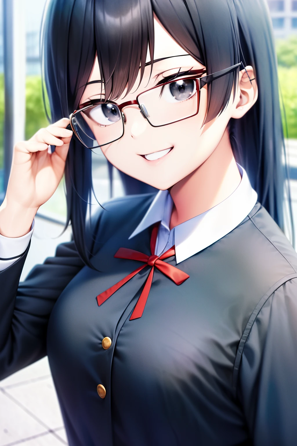 (masterpiece, best quality: 1.2), close-up photo, anime girl with long black hair and black eyes, wearing a black school uniform with white collar, wearing a red tie ribbon, smile, looking at me, at school, very detailed, best quality, perfect face, very high quality, very detailed, and a dark gray short skirt, yellow hair clip, wearing red glasses,