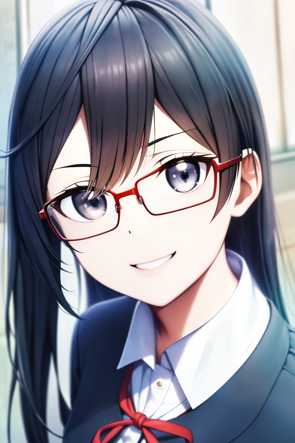 (masterpiece, best quality: 1.2), close-up photo, anime girl with long black hair and black eyes, wearing a black school uniform with white collar, wearing a red tie ribbon, smile, looking at me, at school, very detailed, best quality, perfect face, very high quality, very detailed, and a dark gray short skirt, yellow hair clip, wearing red glasses,